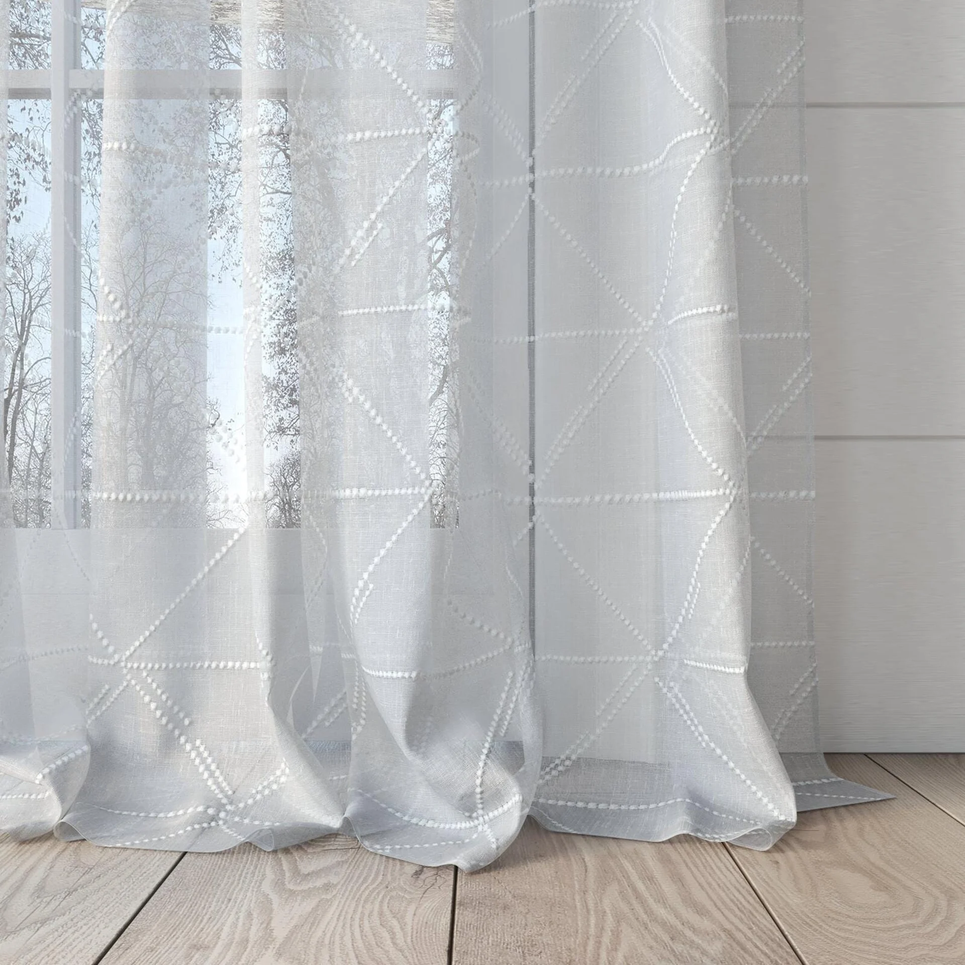 Bottom view of Timeless Blanc, puddled, on curtain rod