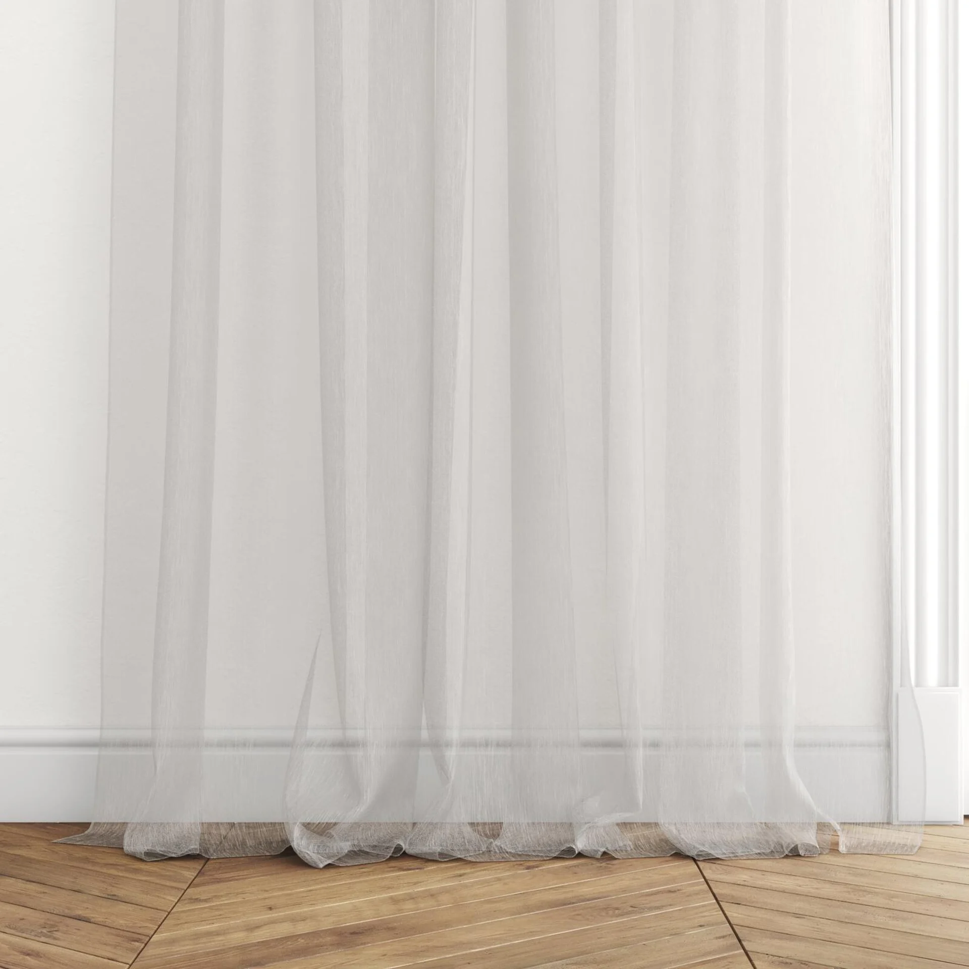 Bottom view of Makai (JDG) White Gold, puddled with pinch pleat, on curtain rod