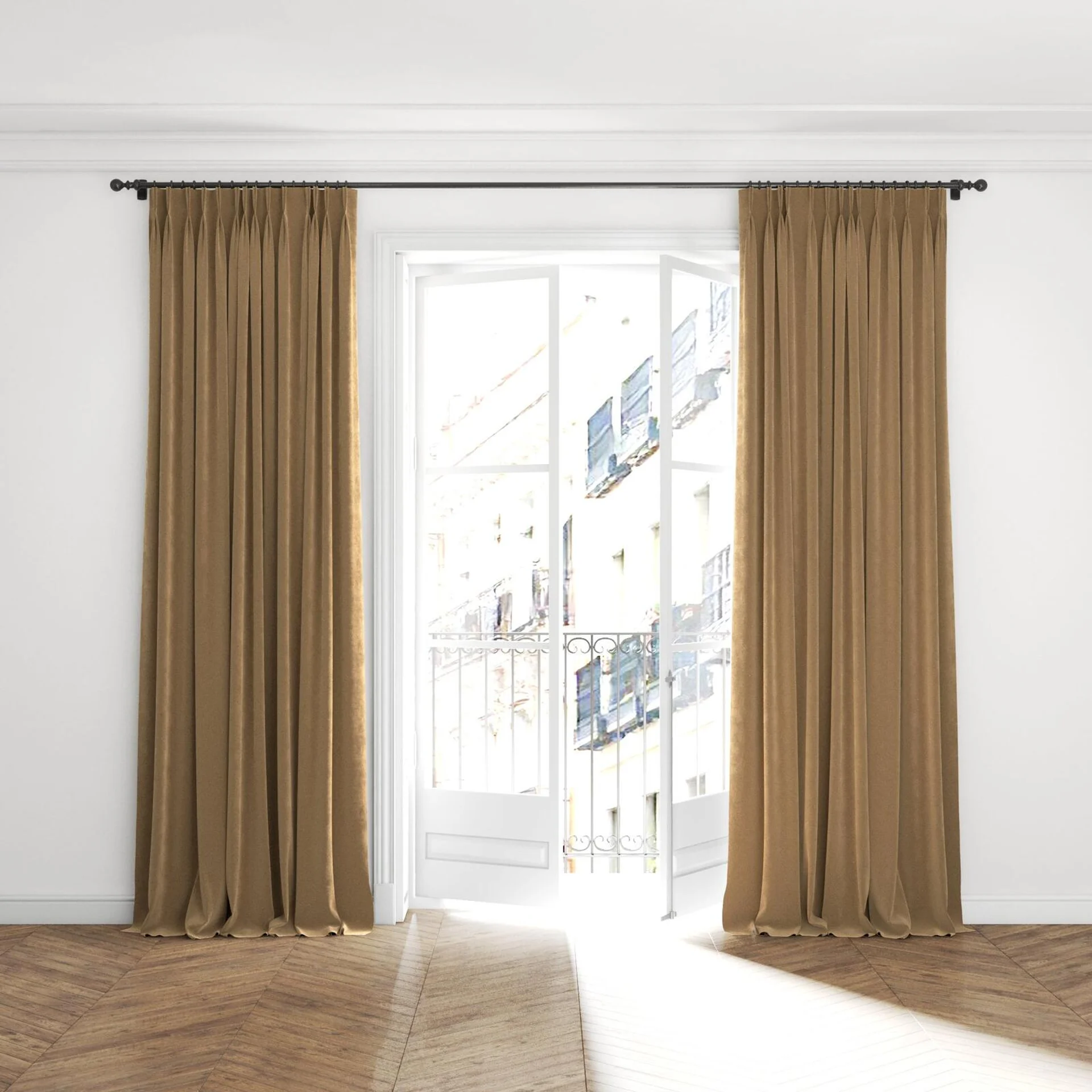 Full view of Lux Velvet Coffee 8407, puddled with pinch pleat, on curtain rod