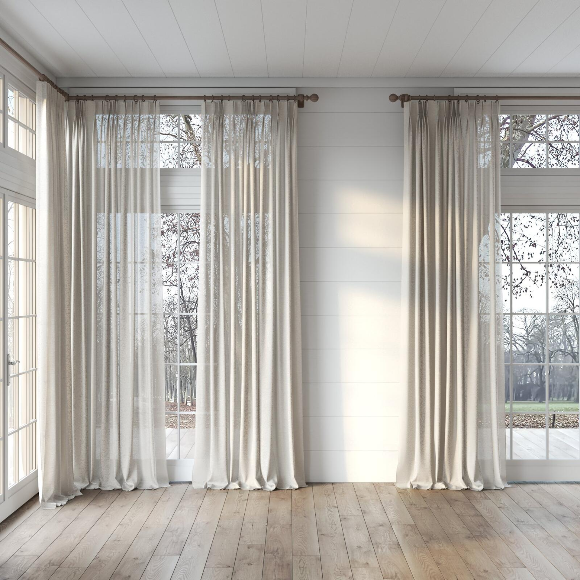 Full view of Revel Flax, puddled, on curtain rod