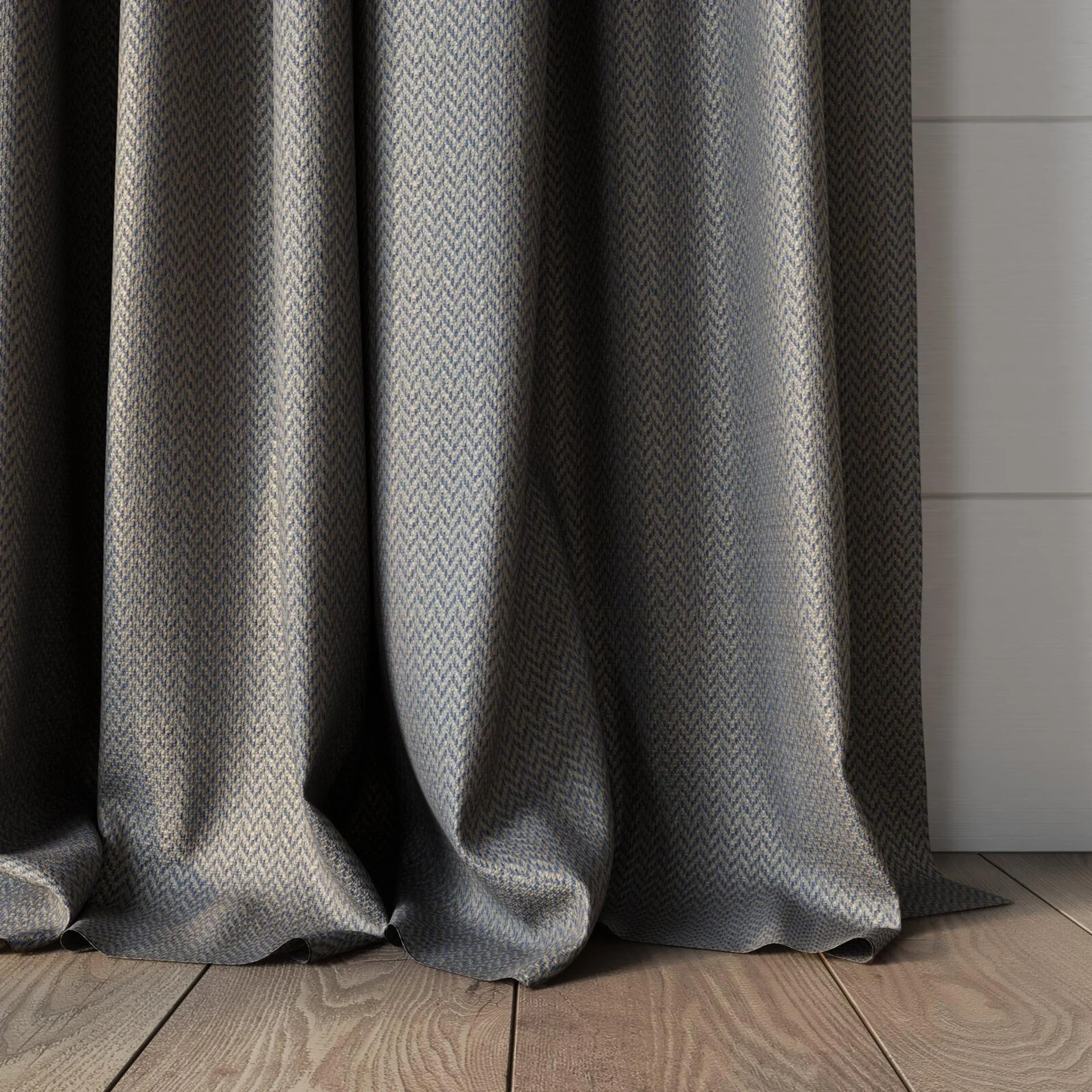 Bottom view of Iconji Denim, puddled, on curtain rod