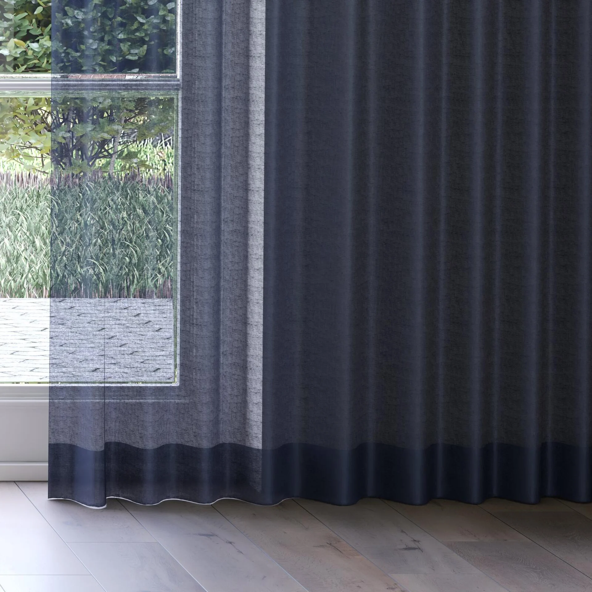 Bottom view of Reverie Navy, on curtain rail