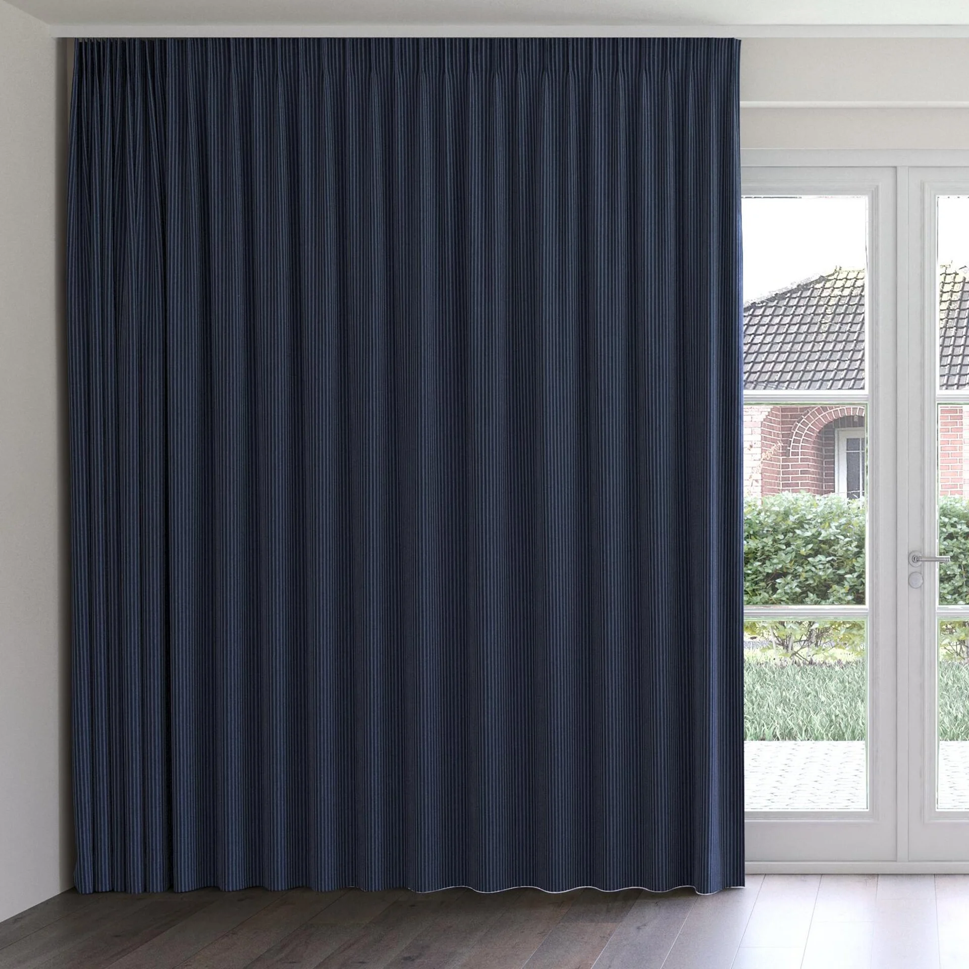 Front view of Embrace Navy, on curtain rail