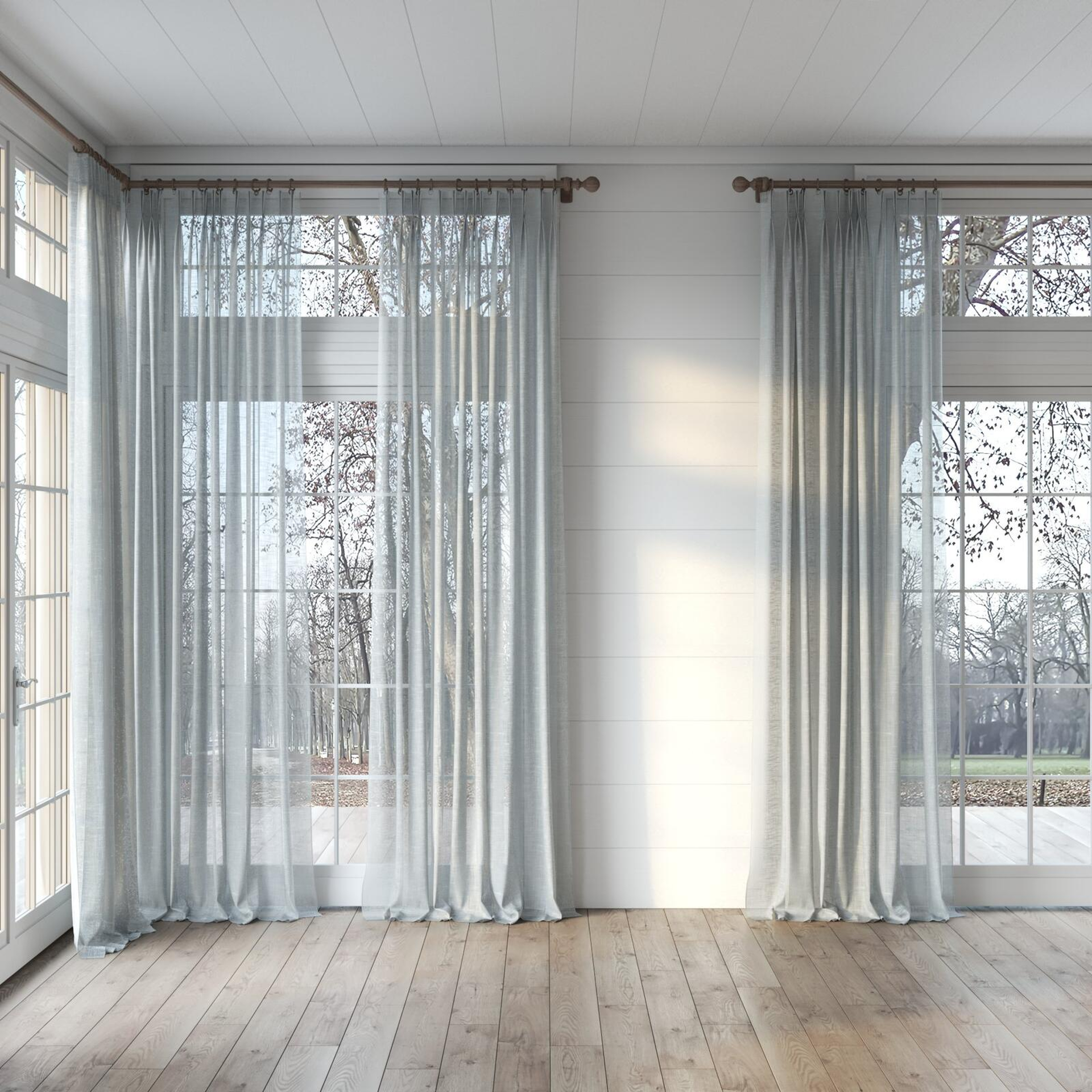 Full view of Savina Smoke, puddled, on curtain rod