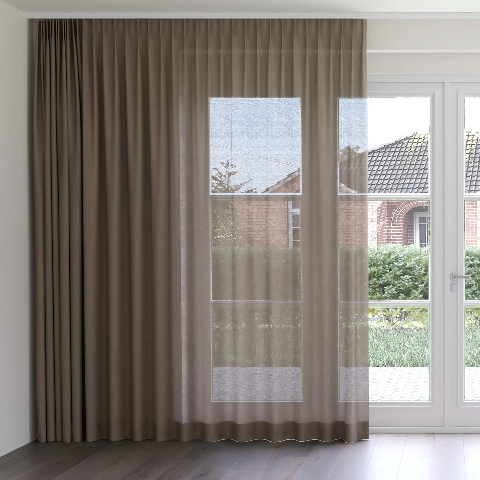 Front view of Gouache Sepia, on curtain rail