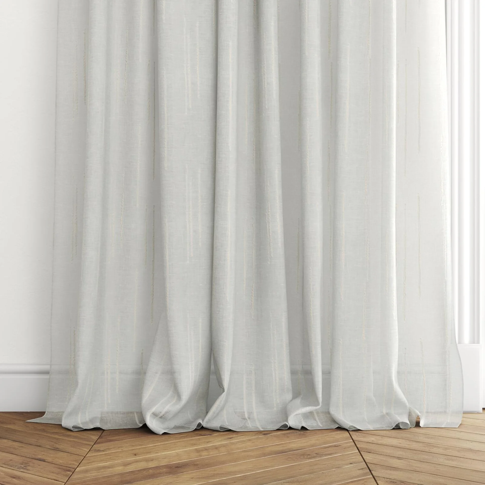 Bottom view of Tidal Spring, puddled with pinch pleat, on curtain rod