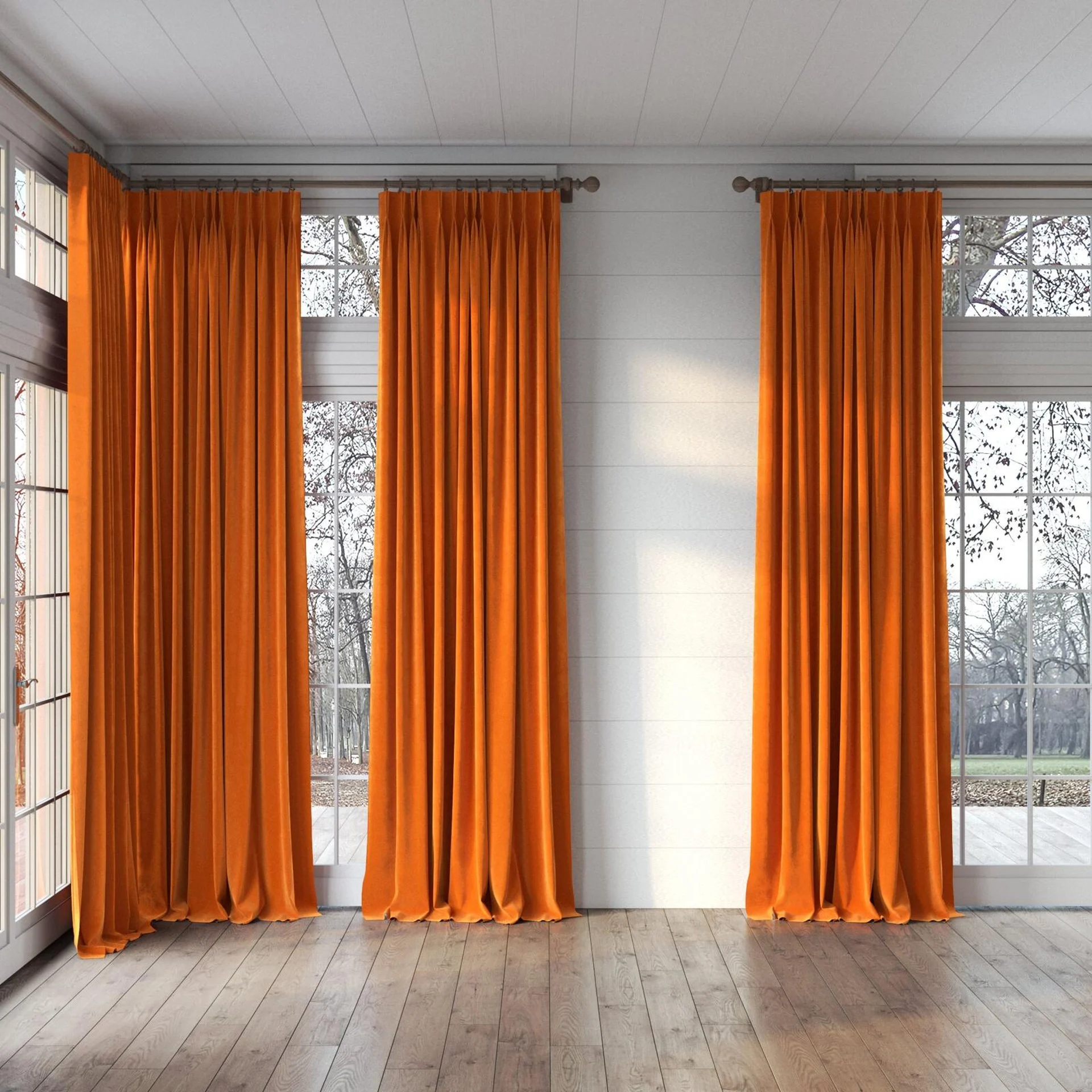 Full view of Lux Velvet Orange 8906, puddled, on curtain rod