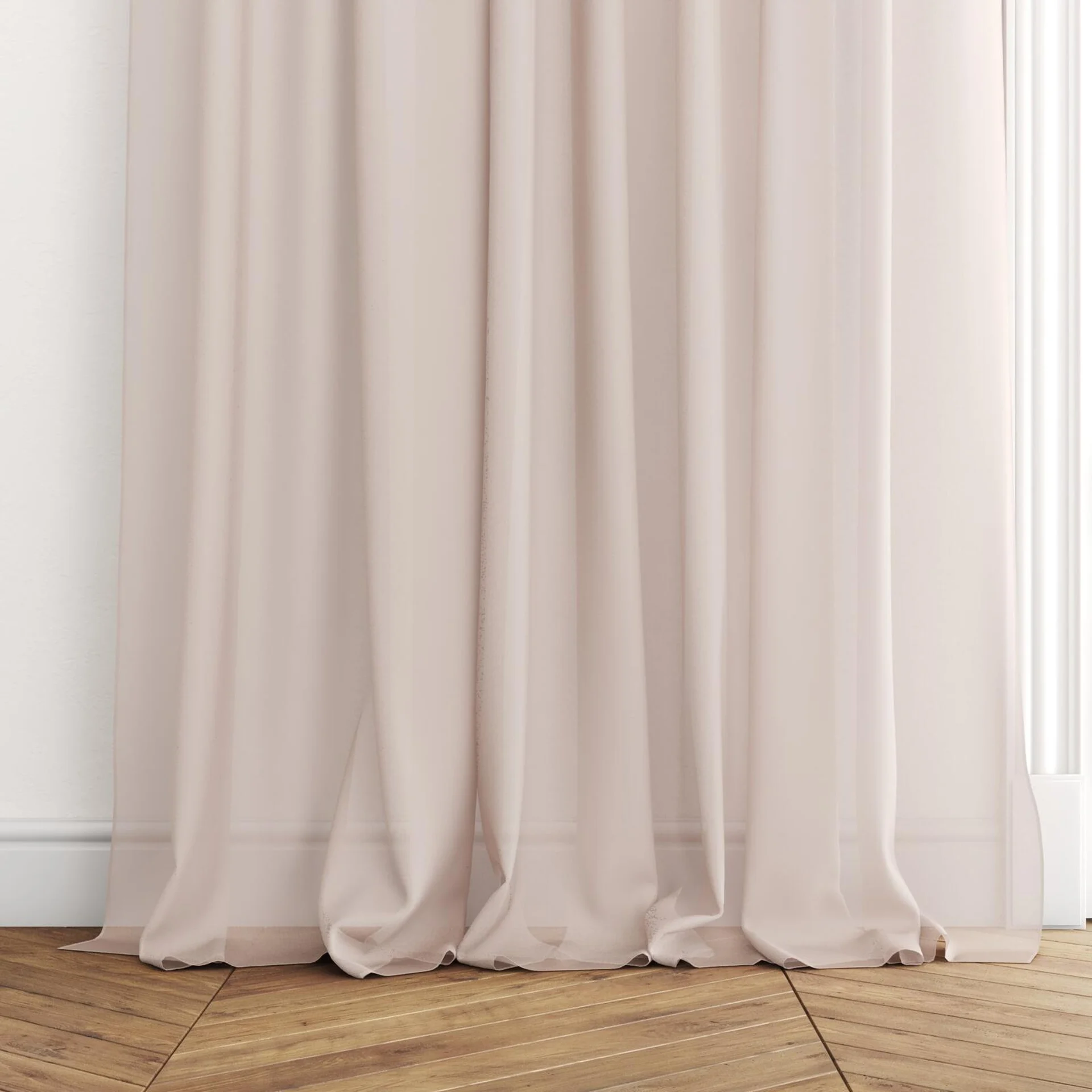 Bottom view of Zine Blush, puddled with pinch pleat, on curtain rod