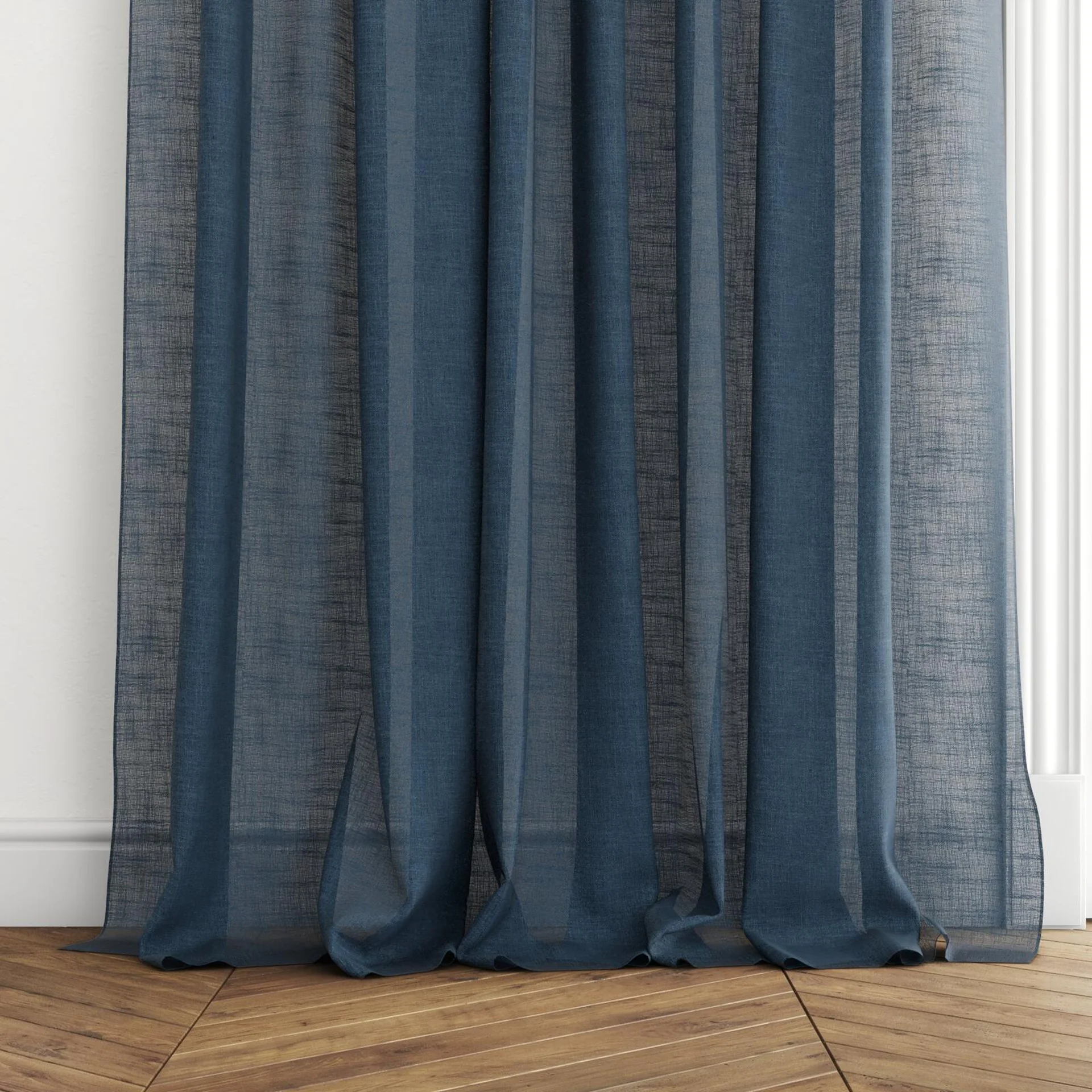 Bottom view of Verdant Navy, puddled with pinch pleat, on curtain rod