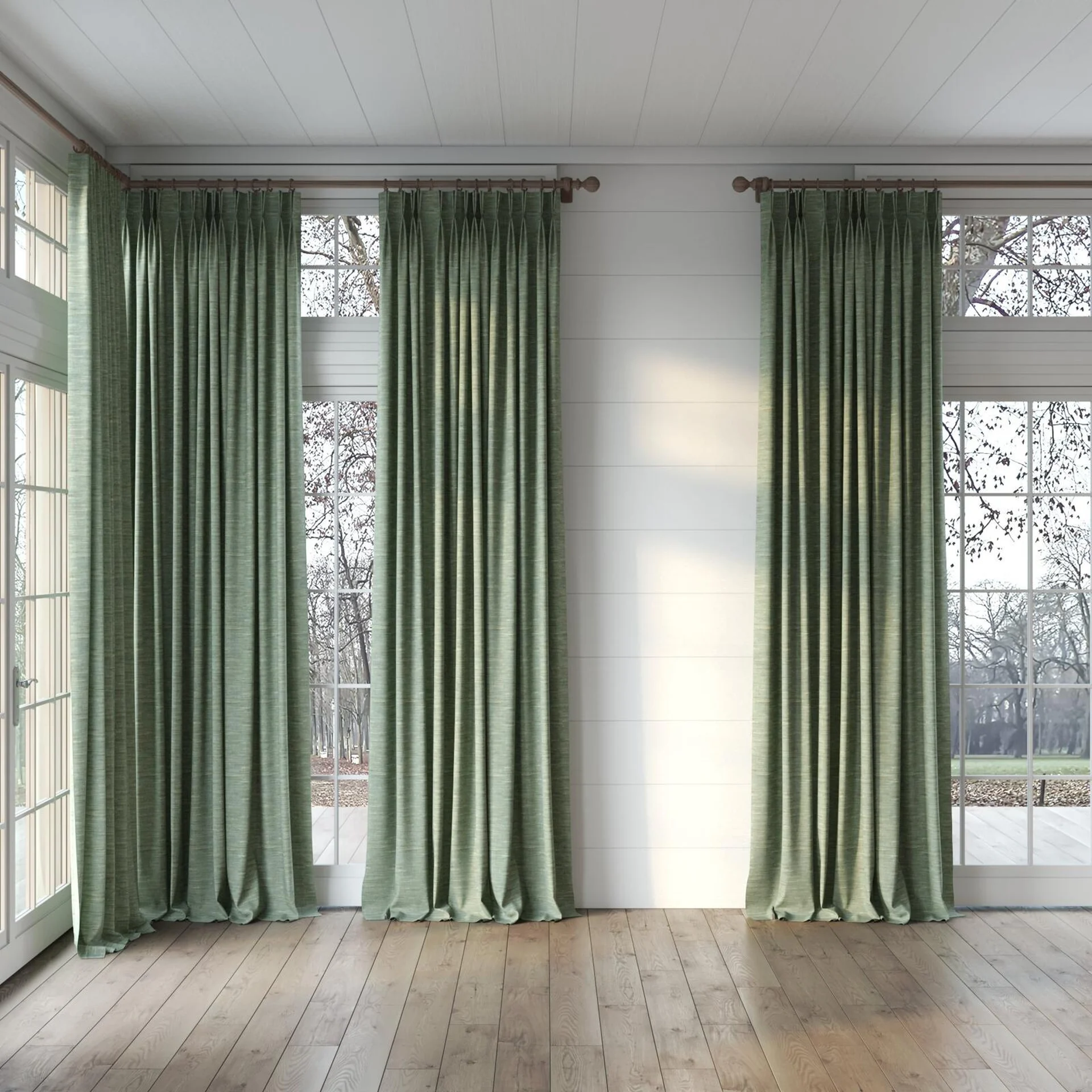 Full view of Venus Baltic, puddled, on curtain rod