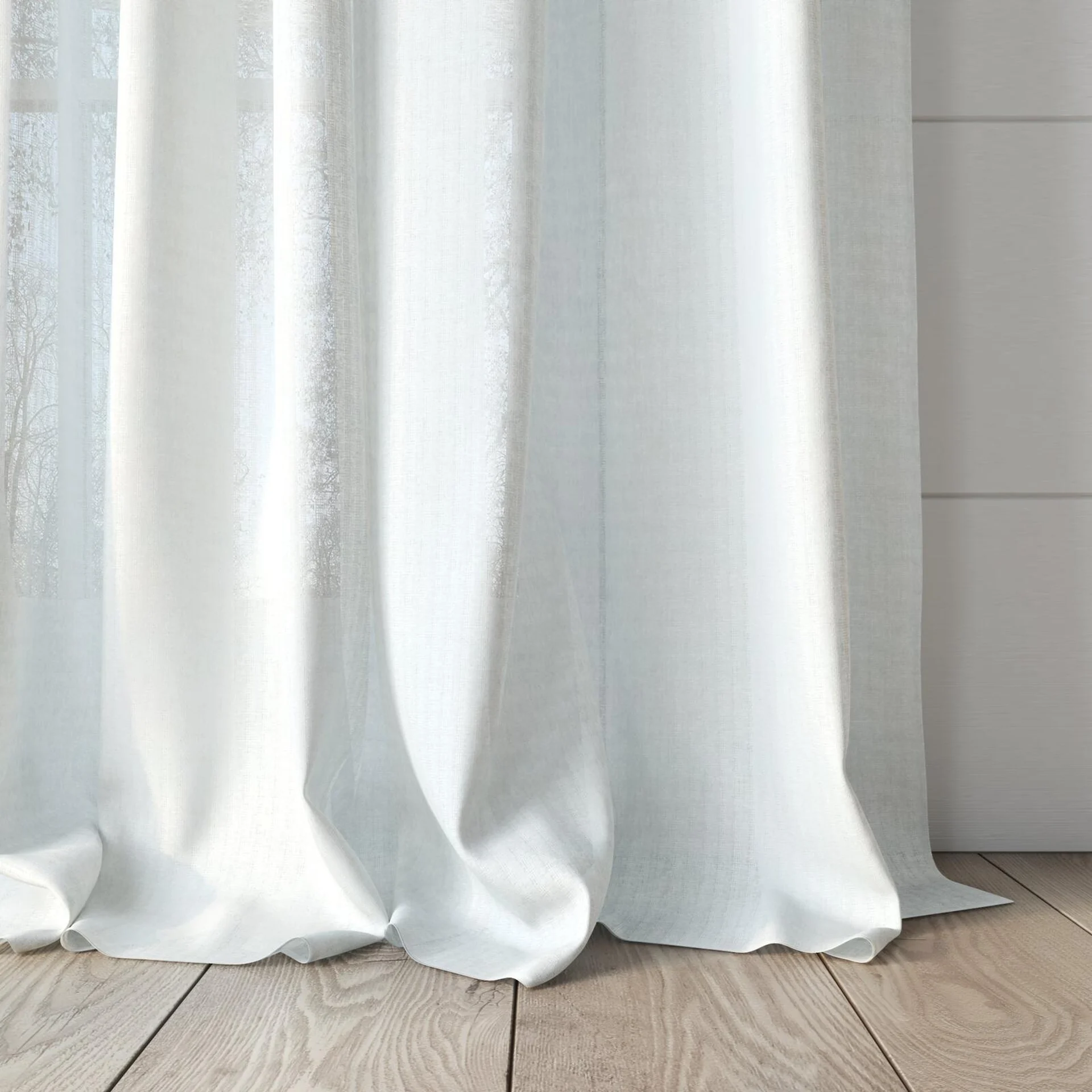 Bottom view of Crystal Ivory, puddled, on curtain rod
