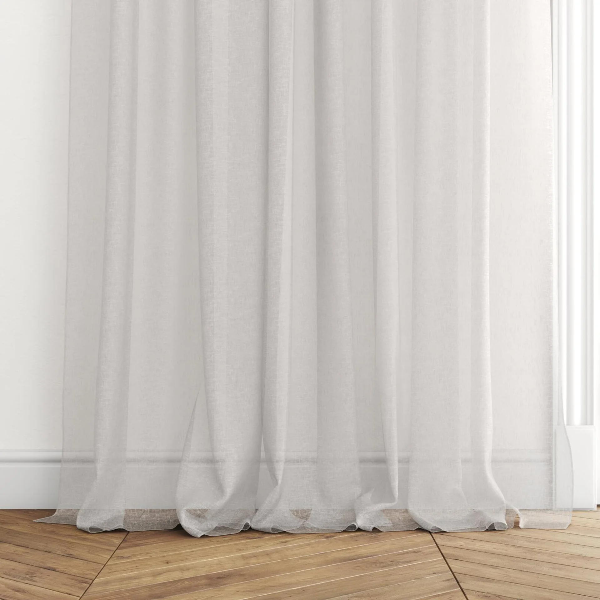 Bottom view of Seaview Linen, puddled with pinch pleat, on curtain rod