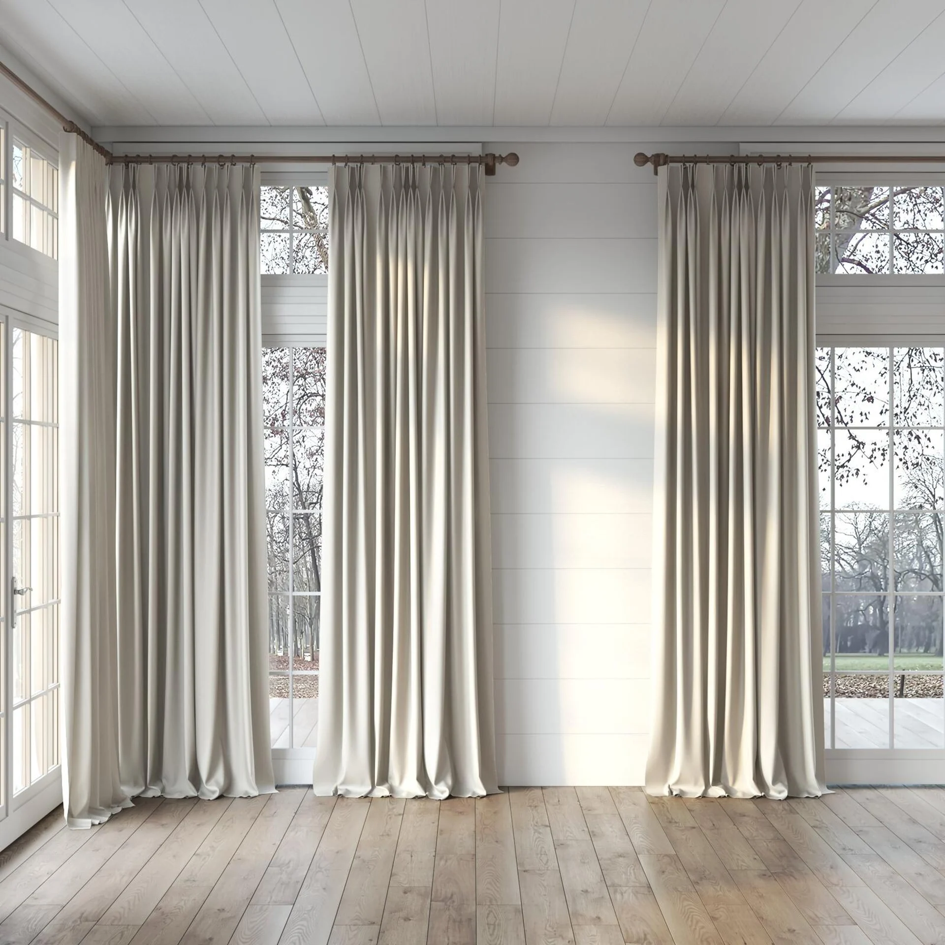 Full view of Excel Chinchilla, puddled, on curtain rod