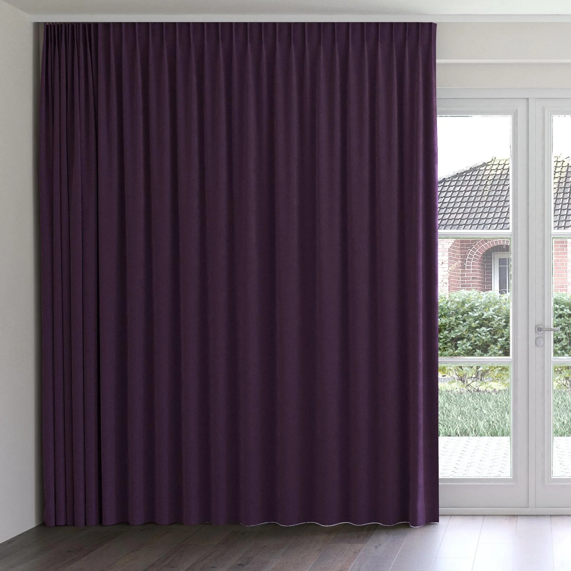 Front view of Lux Velvet Aubergine 8612, on curtain rail