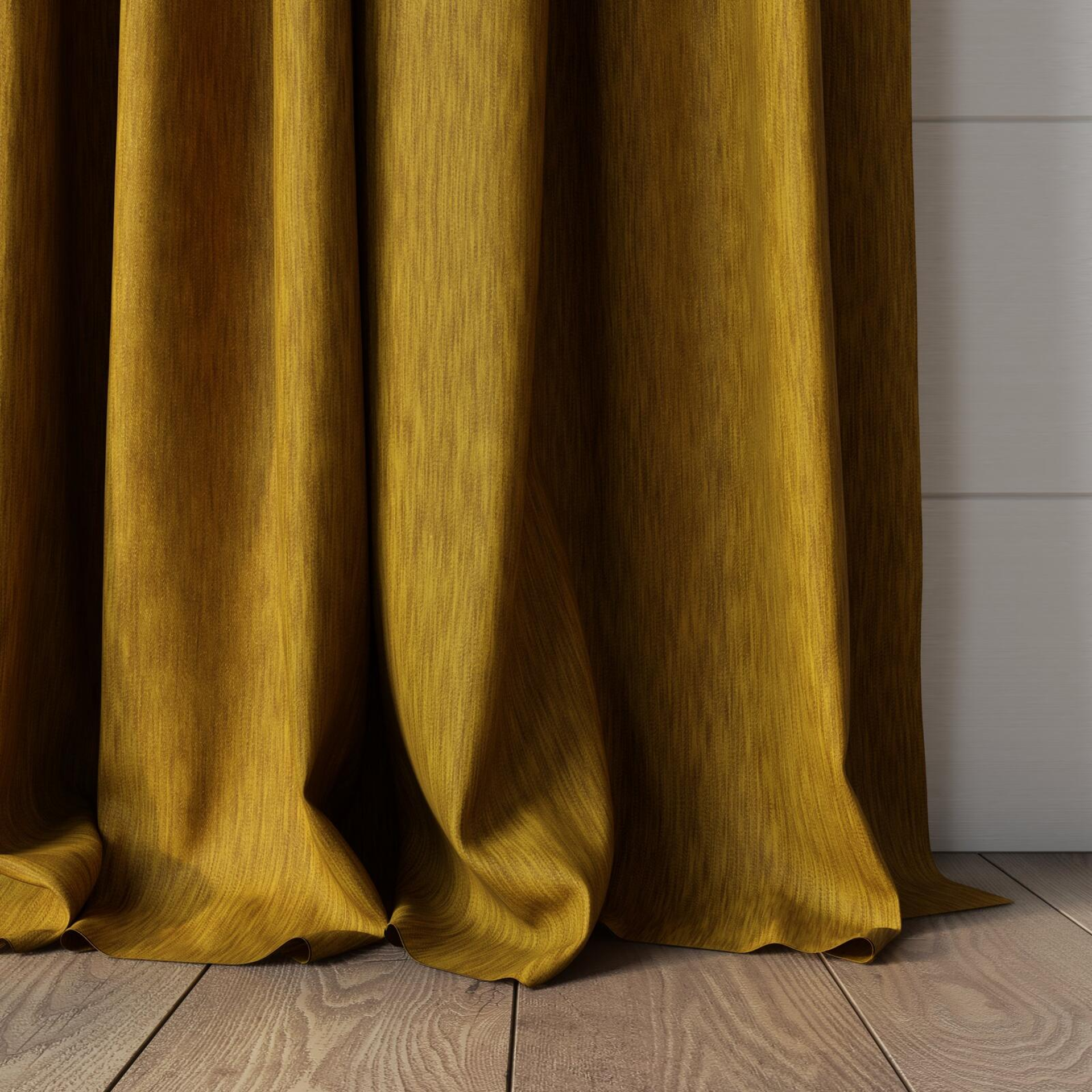 Bottom view of Tuxedo Gold, puddled, on curtain rod