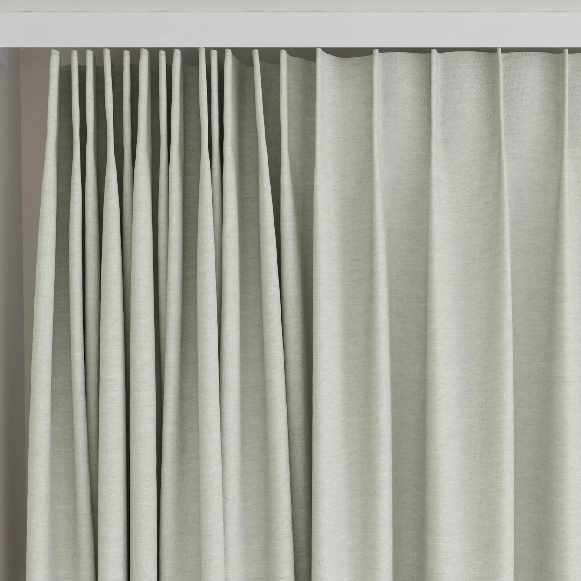 Top view of Obi Stonewash Sage, on curtain rail