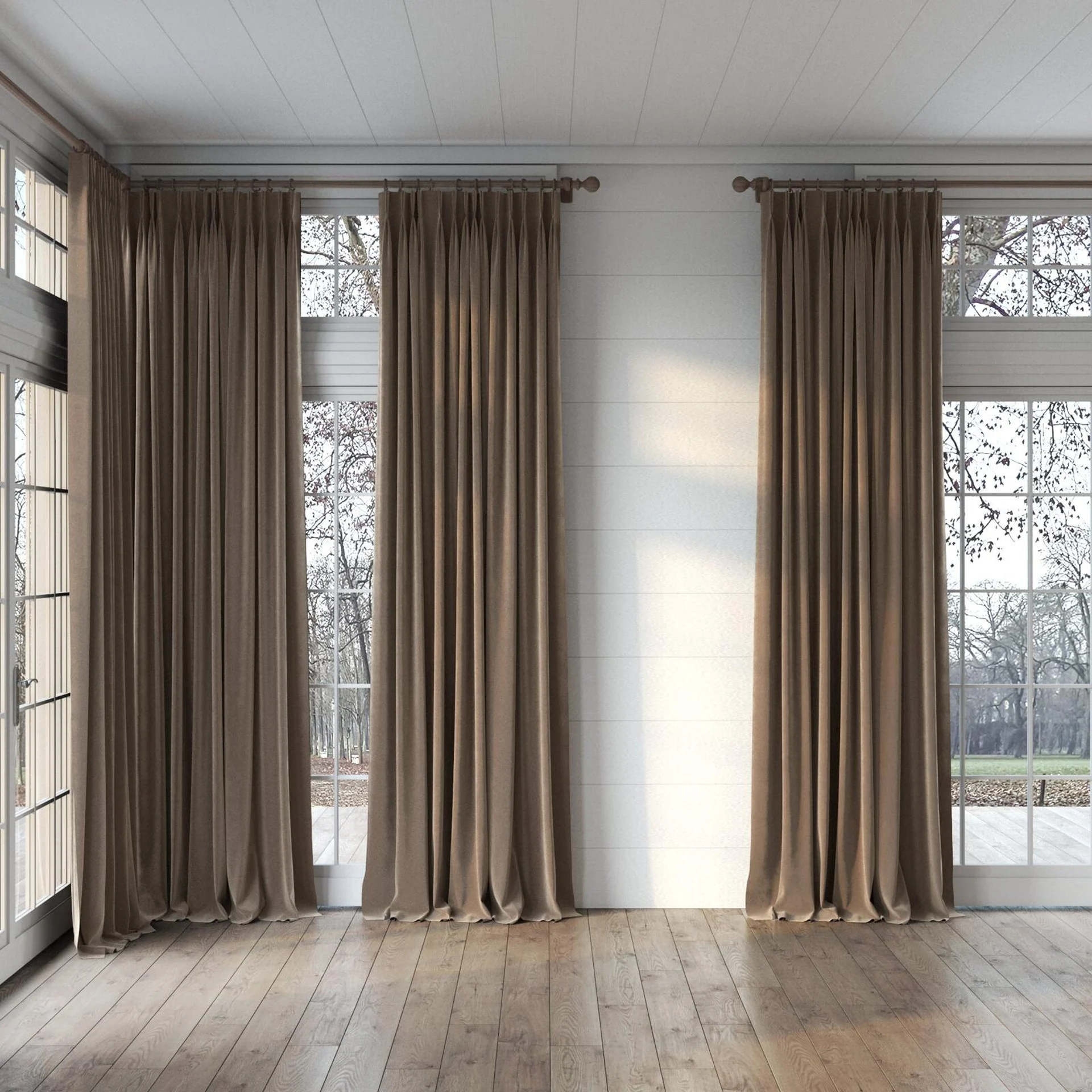 Full view of Vienna Mink, puddled, on curtain rod