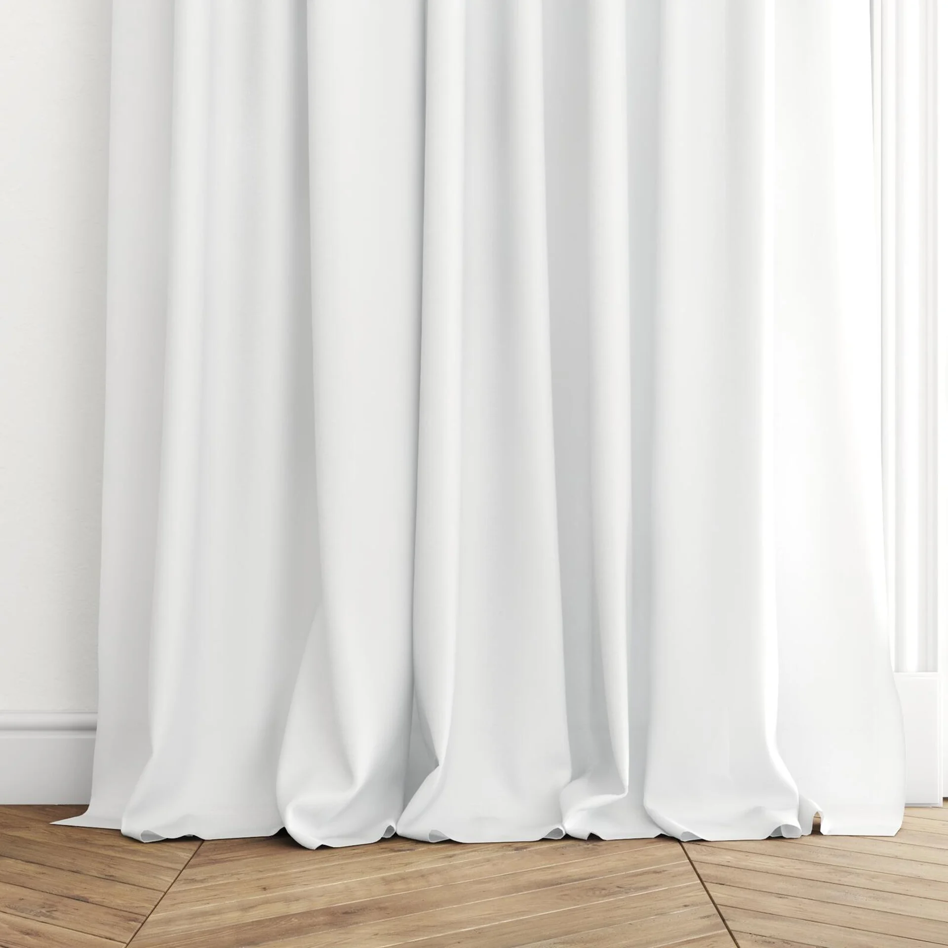 Bottom view of Kite Cream, puddled with pinch pleat, on curtain rod