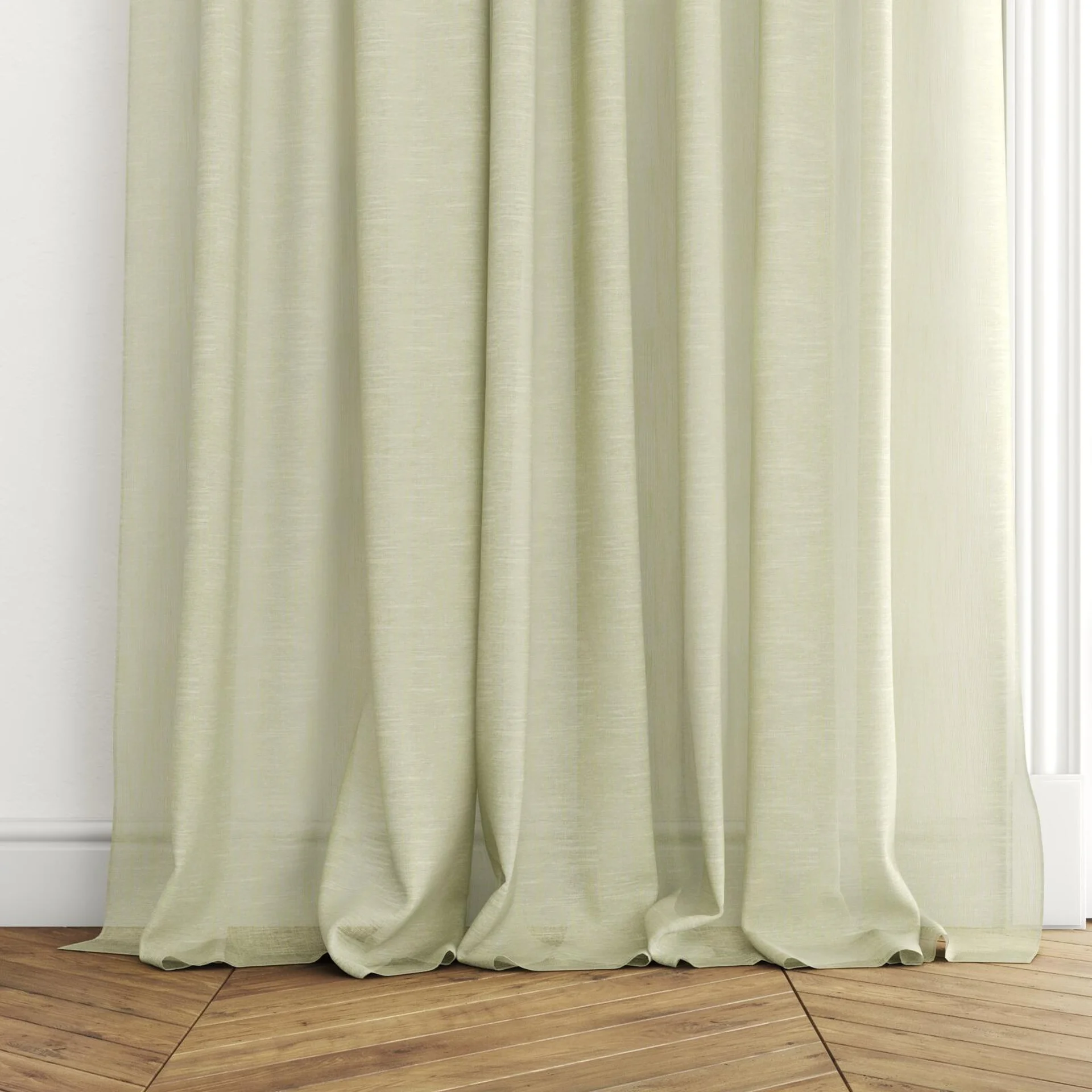 Bottom view of Angelic Oasis, puddled with pinch pleat, on curtain rod