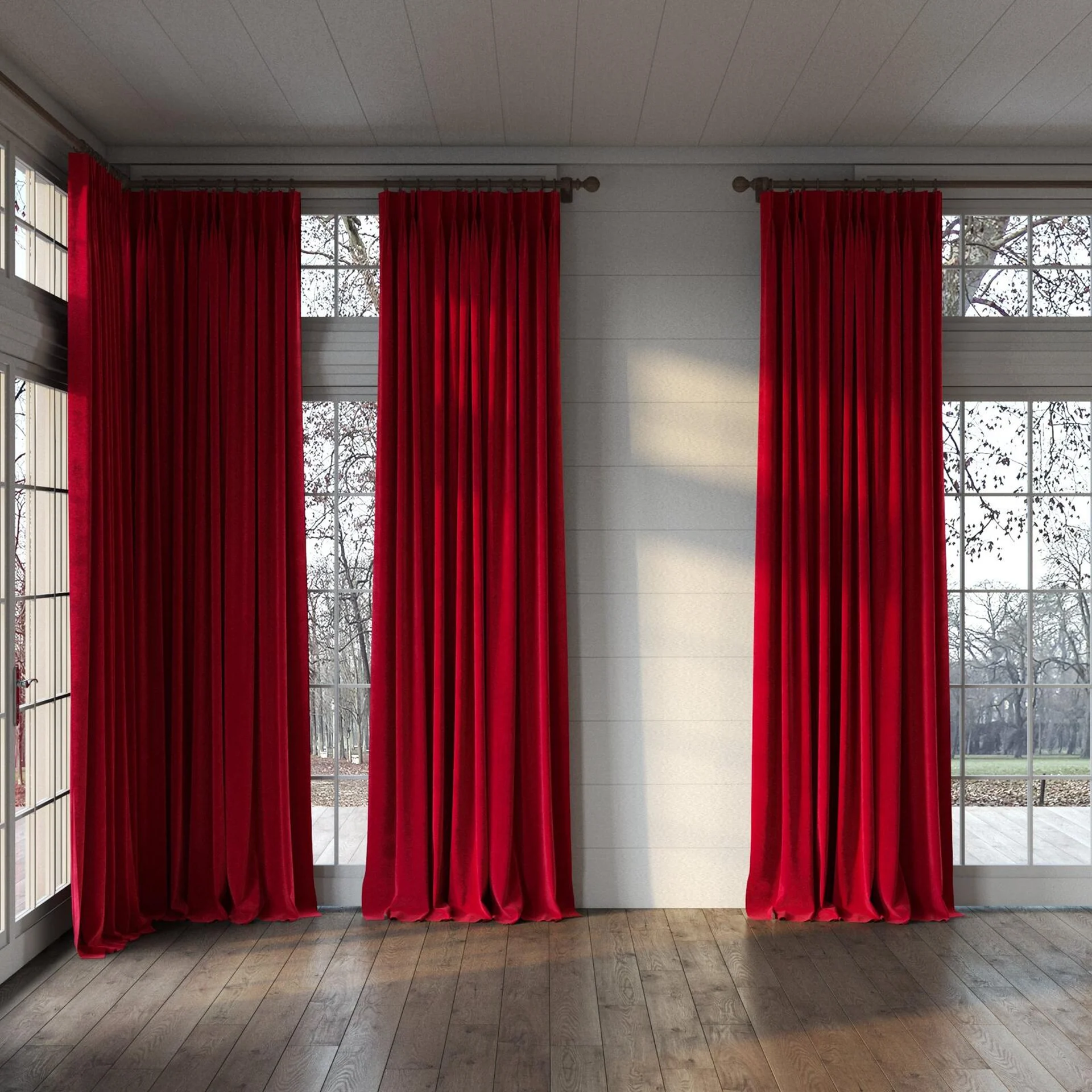 Full view of Geneva Cardinal, puddled, on curtain rod