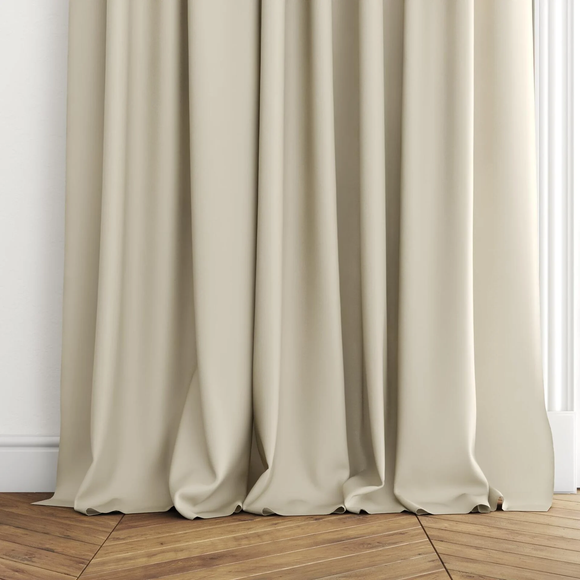 Bottom view of Kite Linen, puddled with pinch pleat, on curtain rod