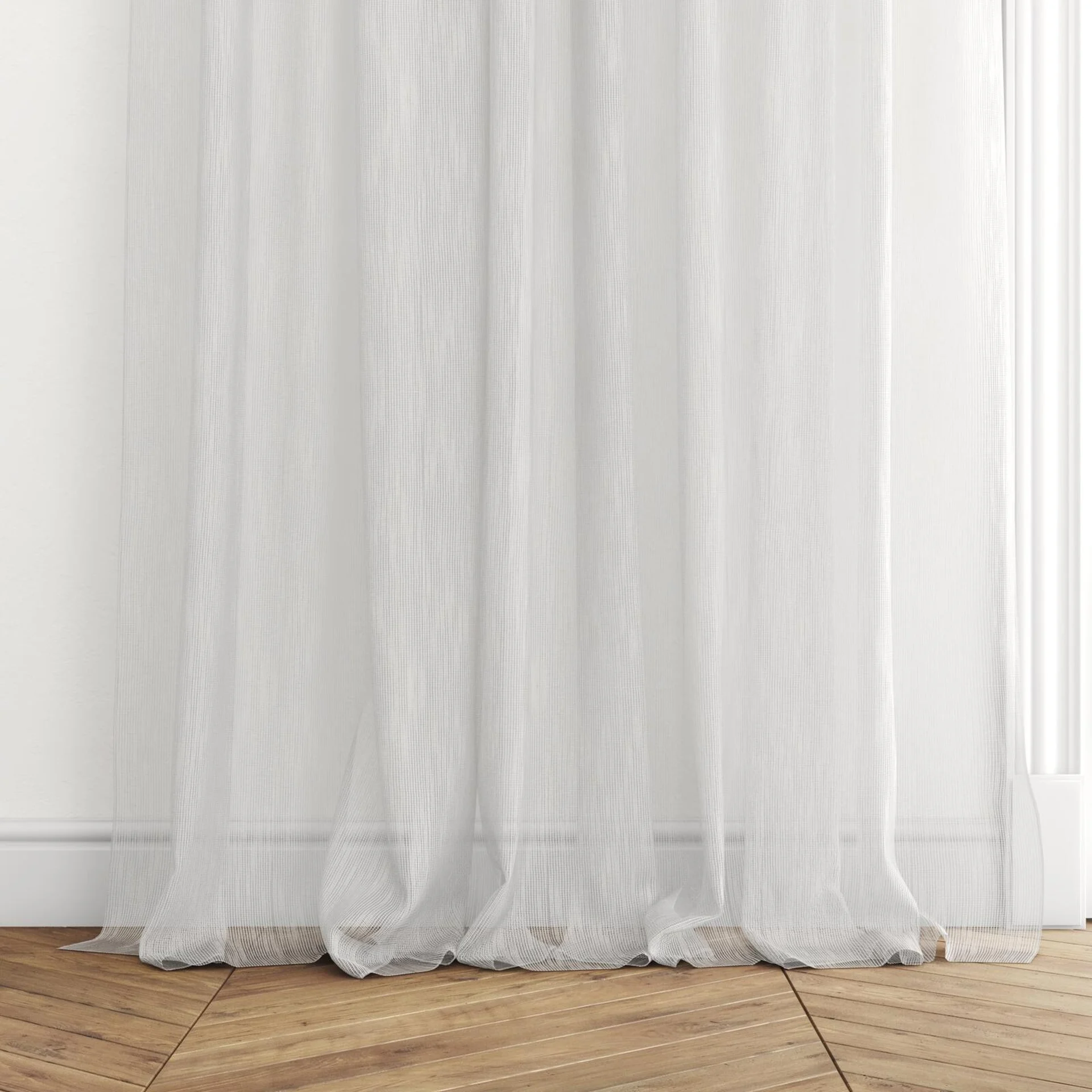 Bottom view of Alliance FR Pearl, puddled with pinch pleat, on curtain rod