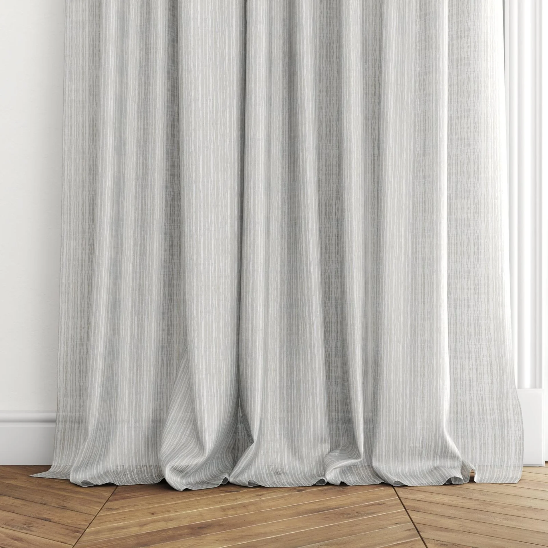 Bottom view of Impressionism Whisper, puddled with pinch pleat, on curtain rod