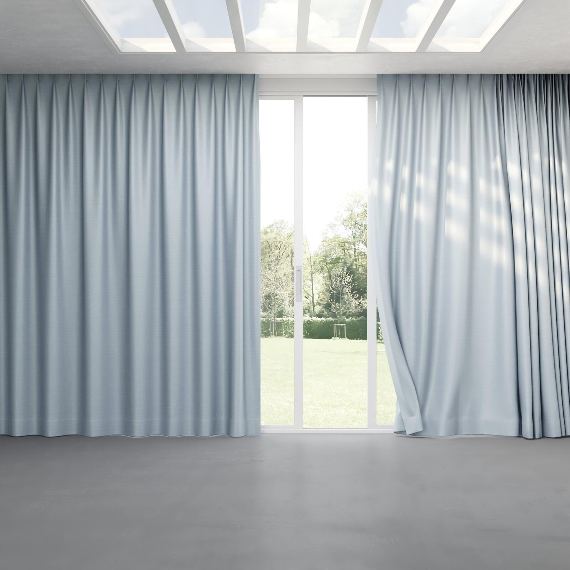 Full view of Silky Sky, pinch pleat
