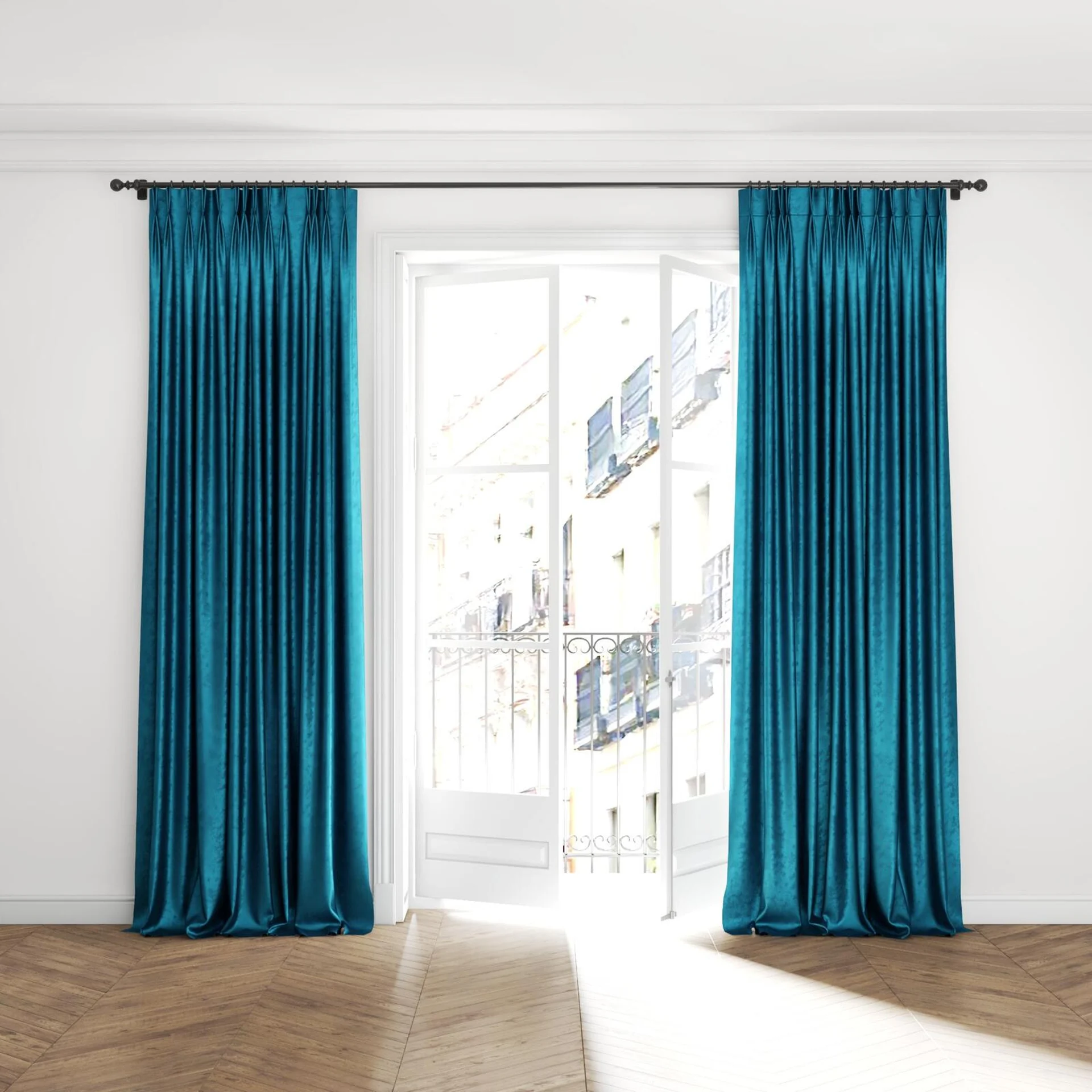 Full view of Fizz Spruce, puddled with pinch pleat, on curtain rod