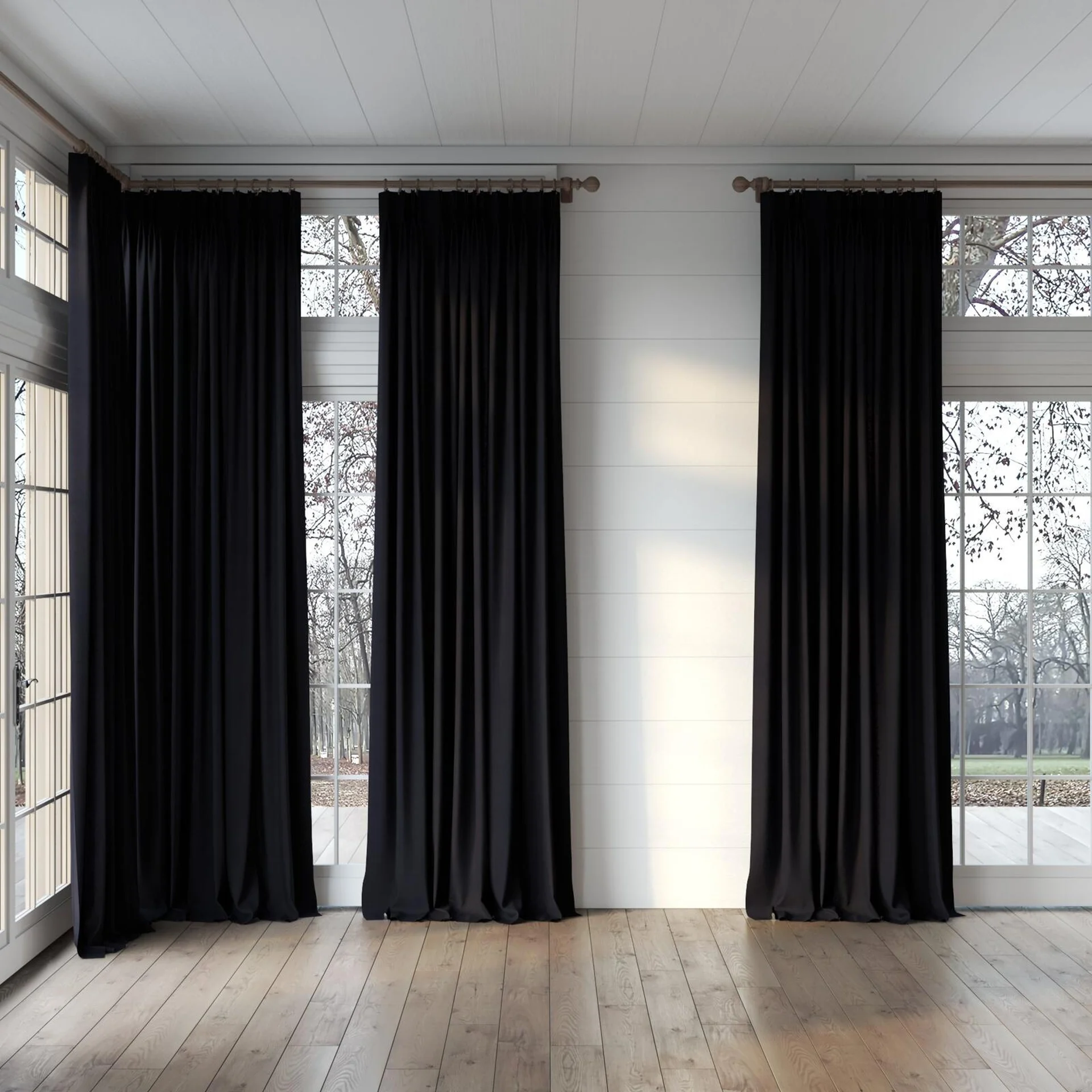 Full view of Lech Ebony, puddled, on curtain rod