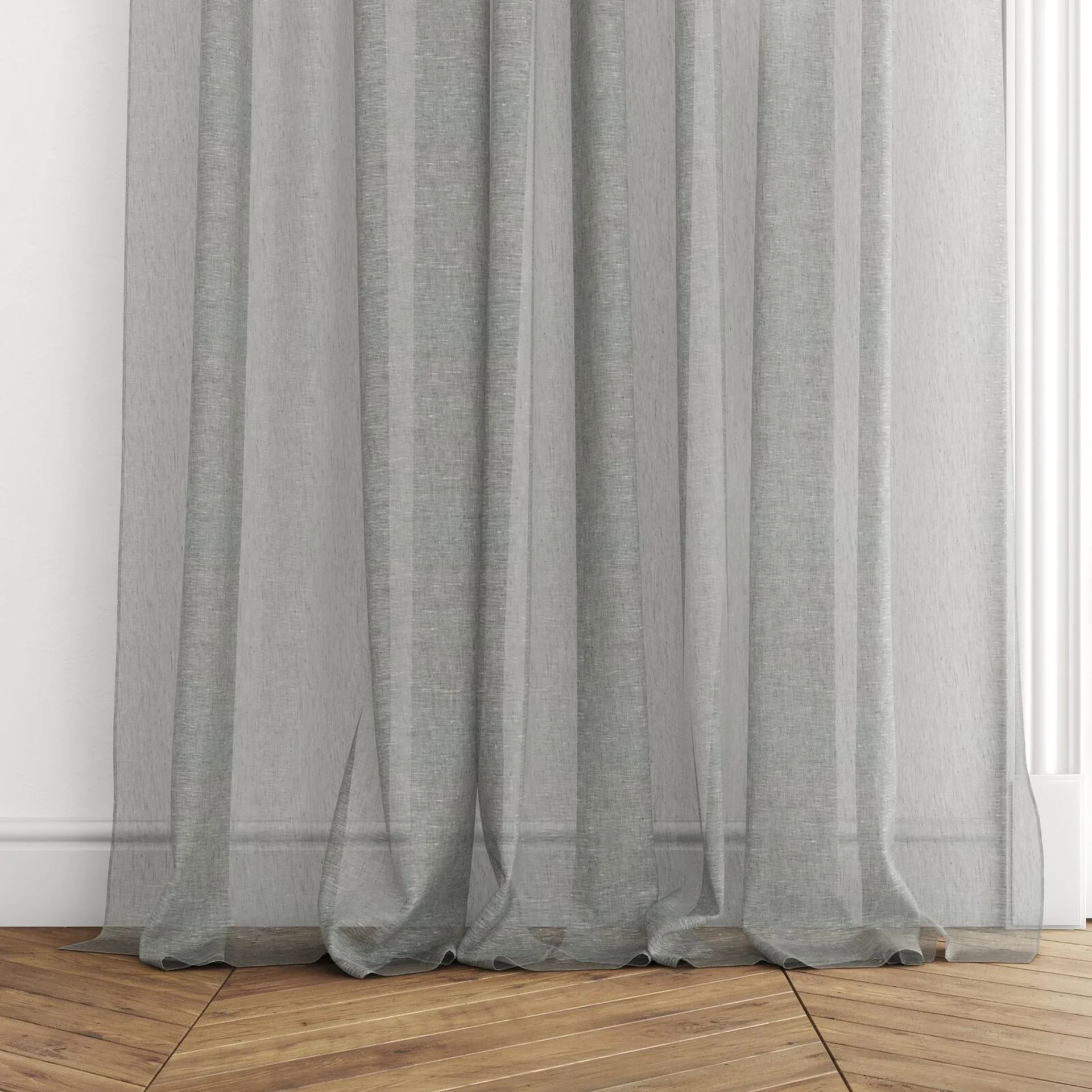 Bottom view of Pure Linen Liquorice, puddled with pinch pleat, on curtain rod