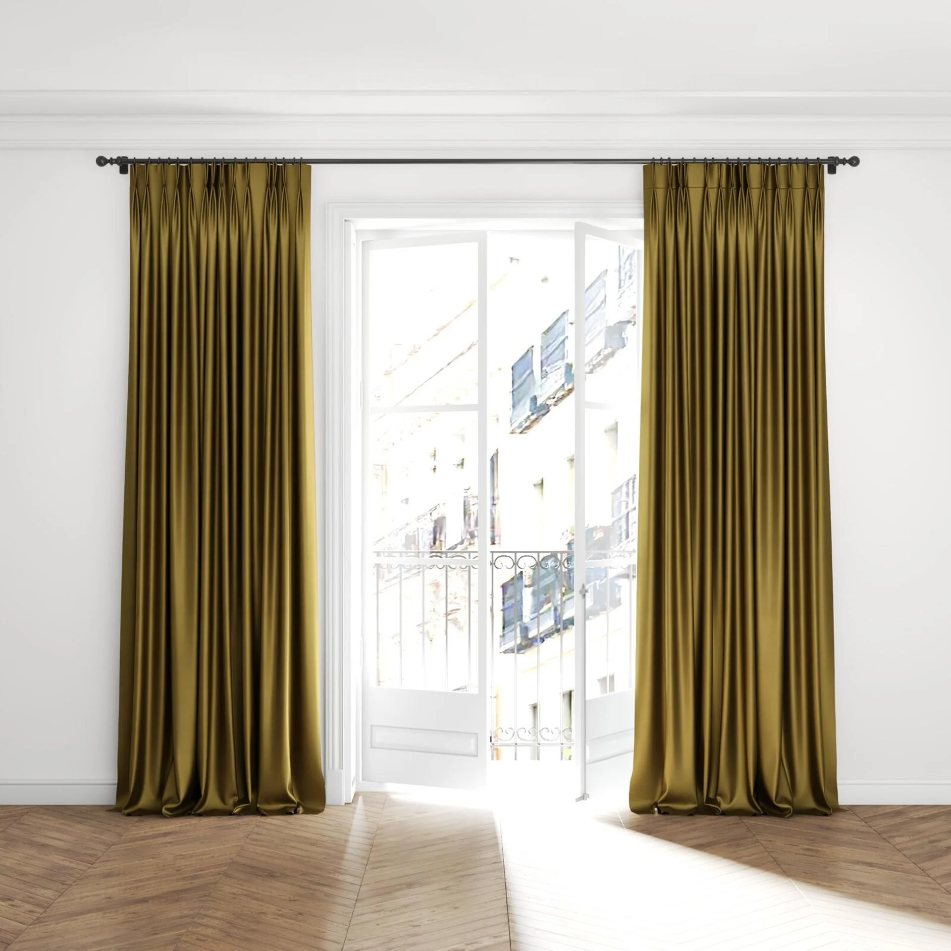 Full view of Mont Blanc Moss, puddled with pinch pleat, on curtain rod