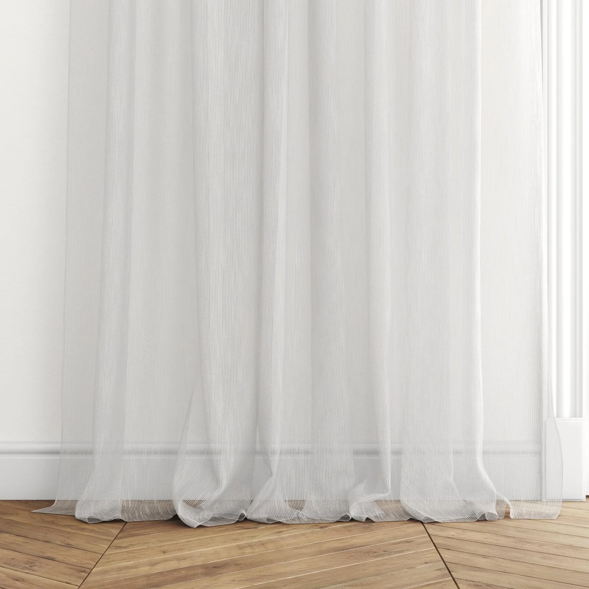 Bottom view of Alliance FR Vapour, puddled with pinch pleat, on curtain rod