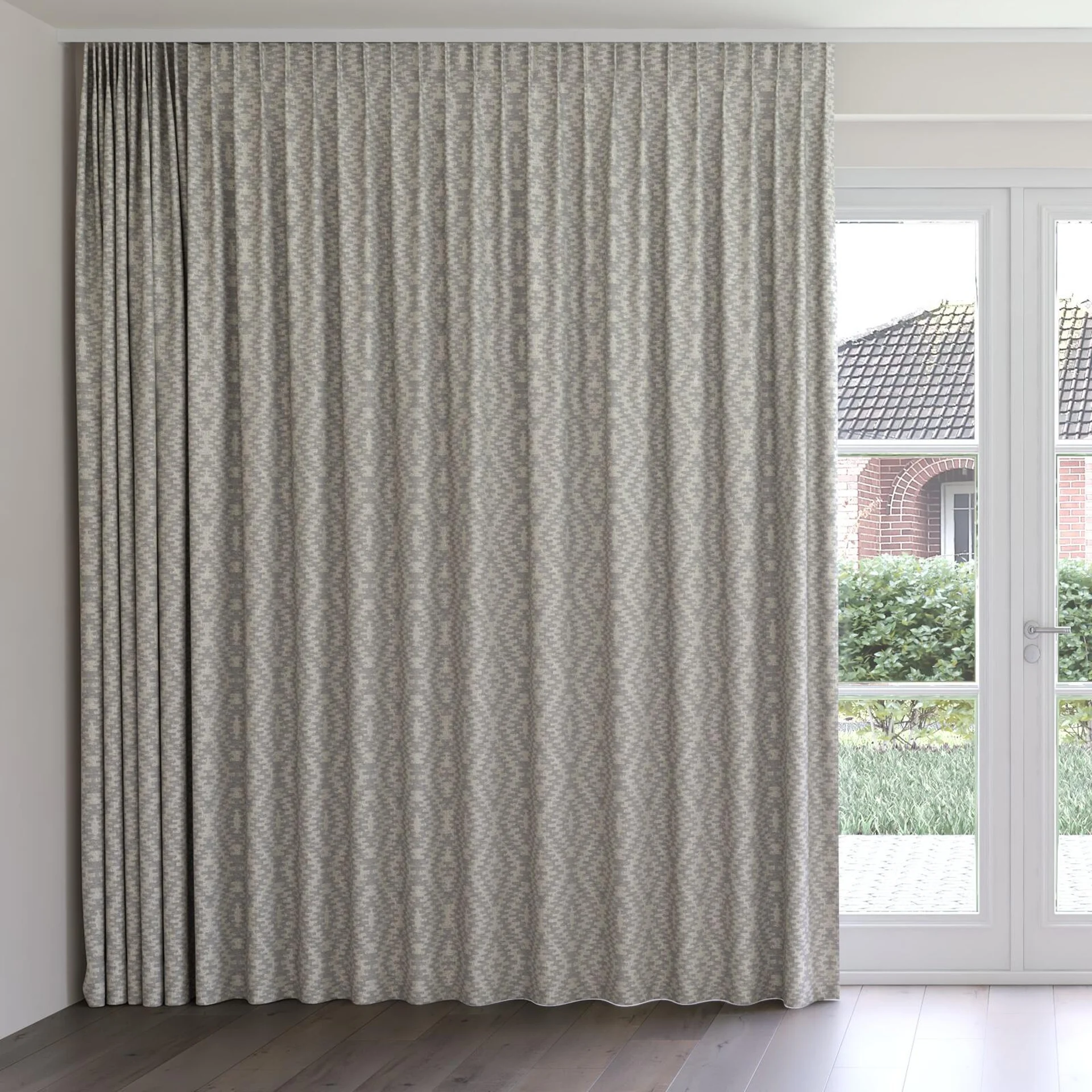 Front view of Kaoani Silver, on curtain rail