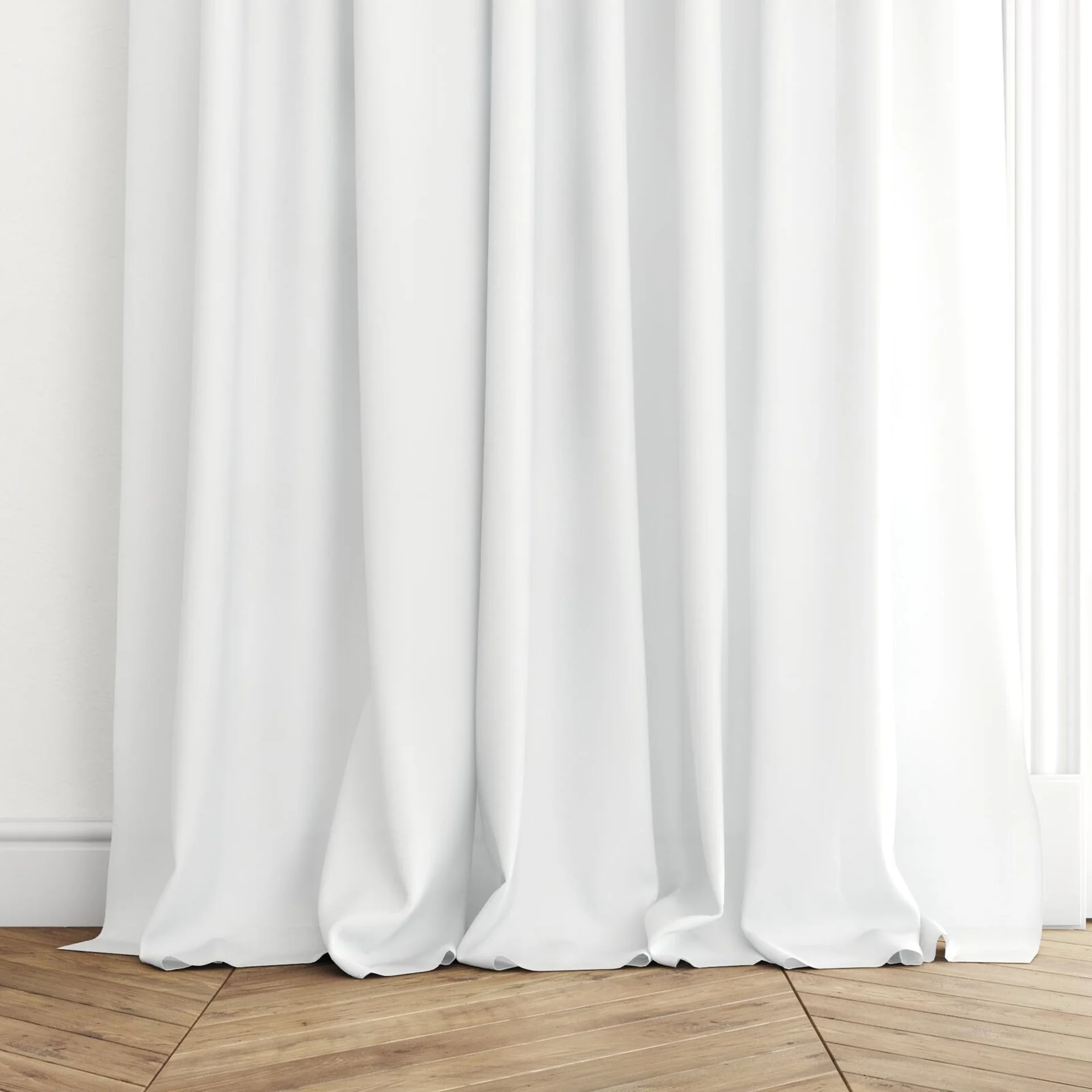 Bottom view of Kite Swan, puddled with pinch pleat, on curtain rod