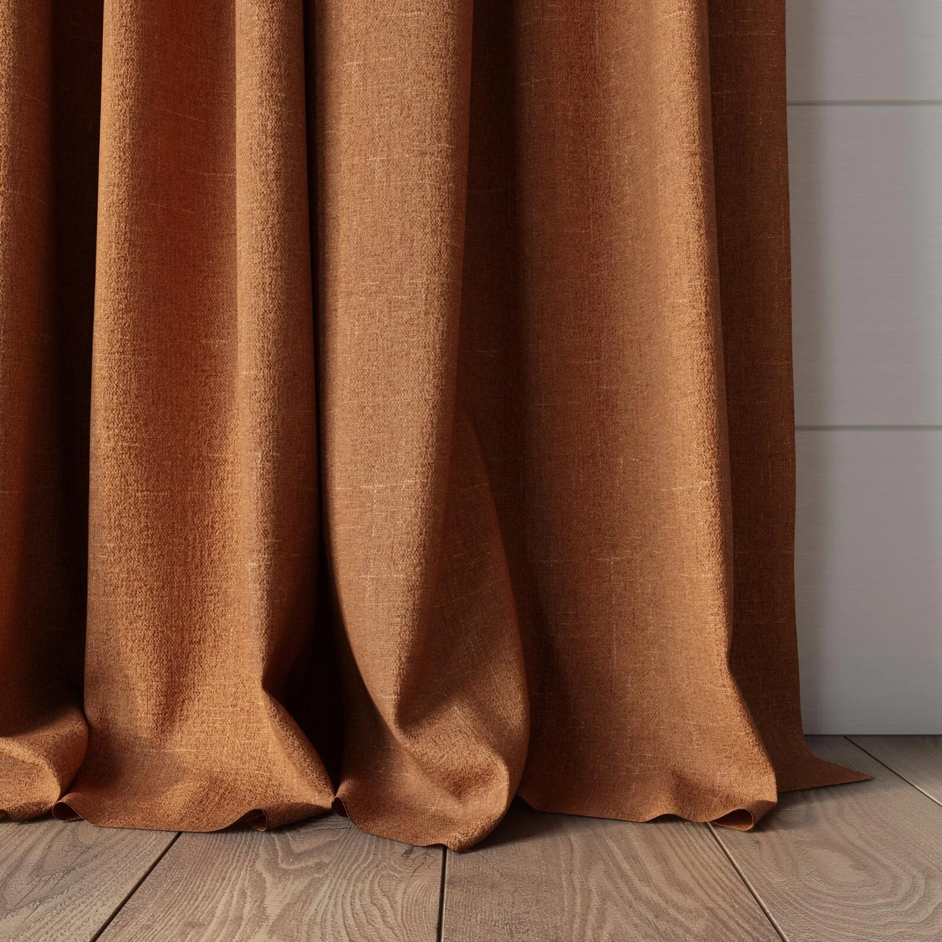 Bottom view of Cavalry Terra, puddled, on curtain rod