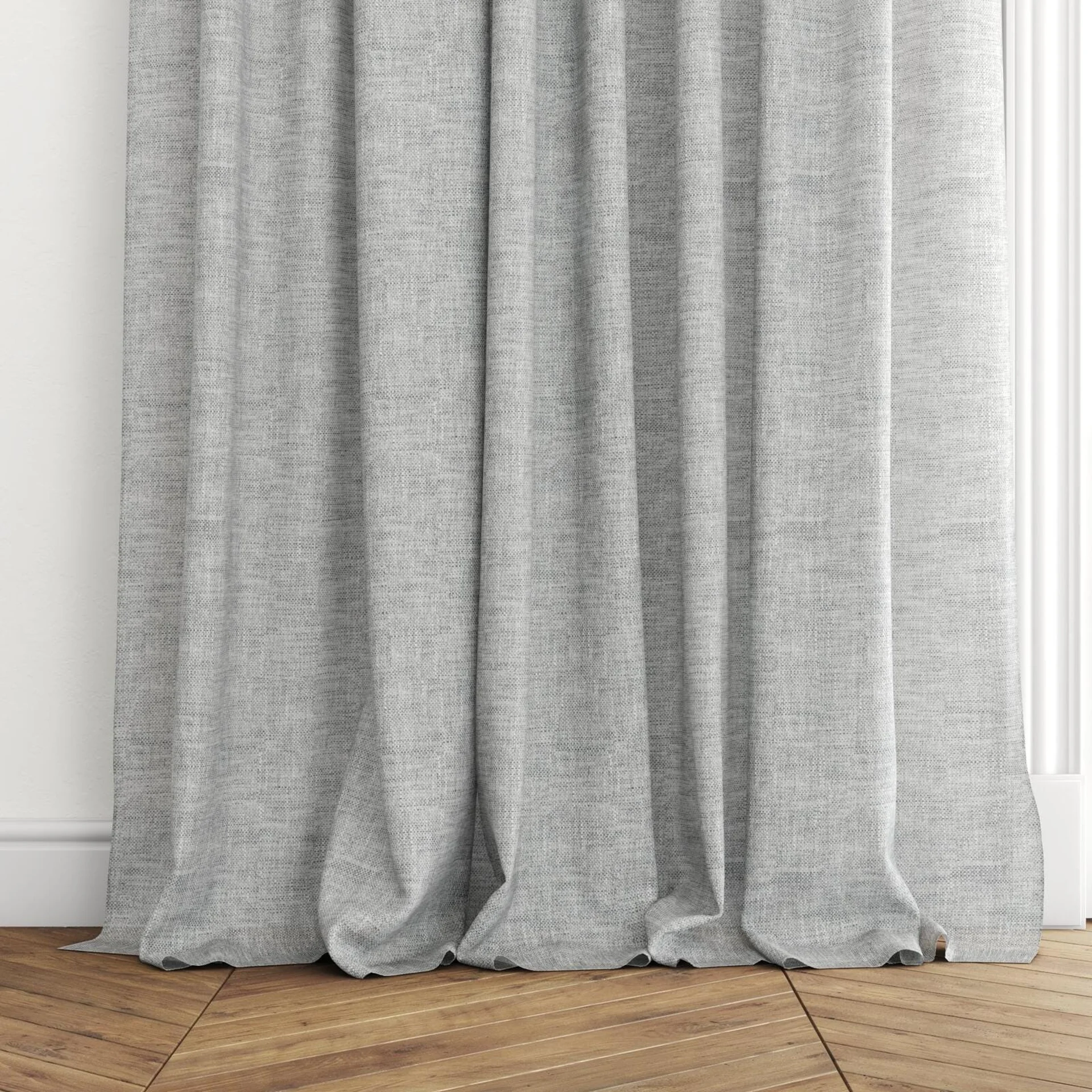 Bottom view of Homespun Charcoal, puddled with pinch pleat, on curtain rod