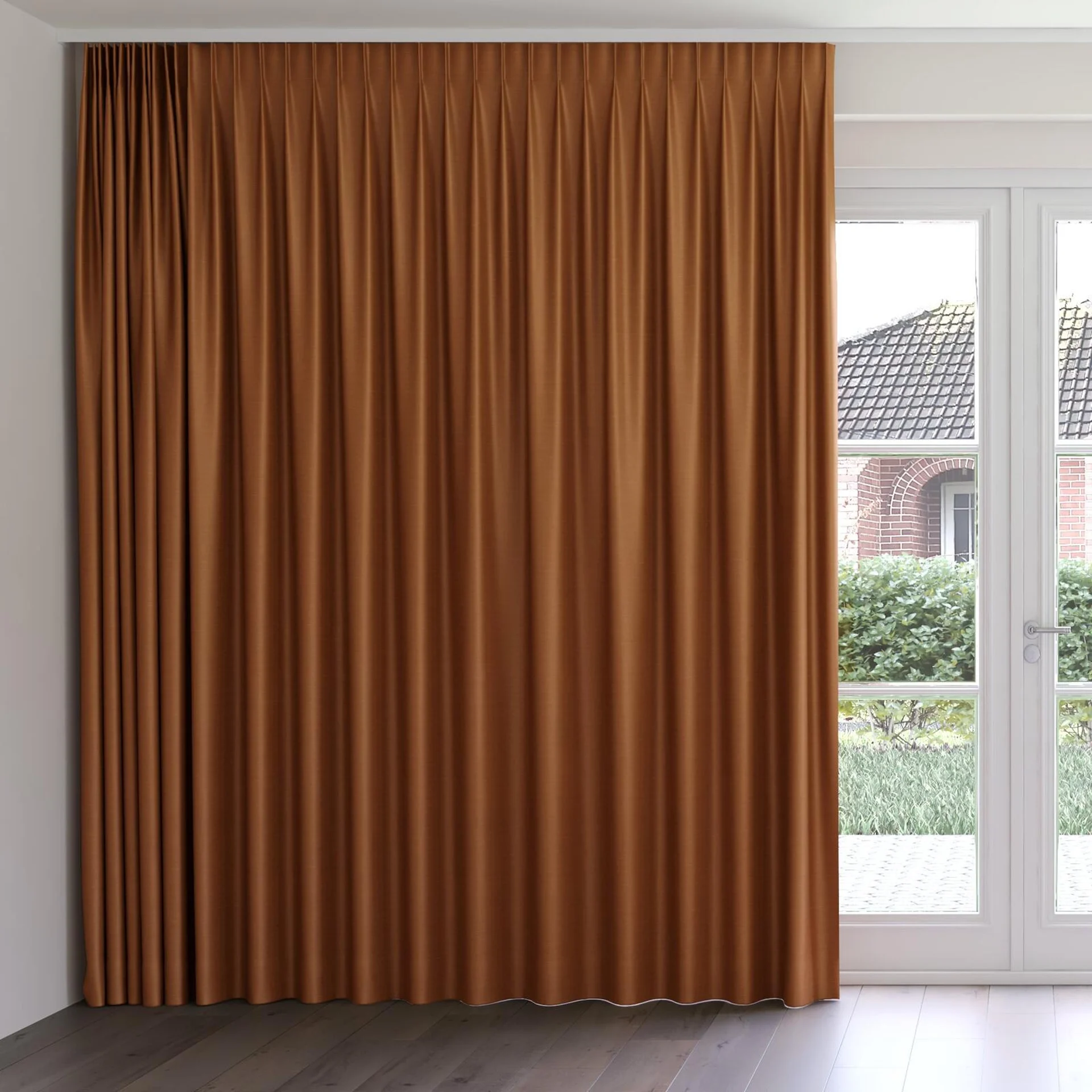 Front view of Silky Nutmeg, on curtain rail