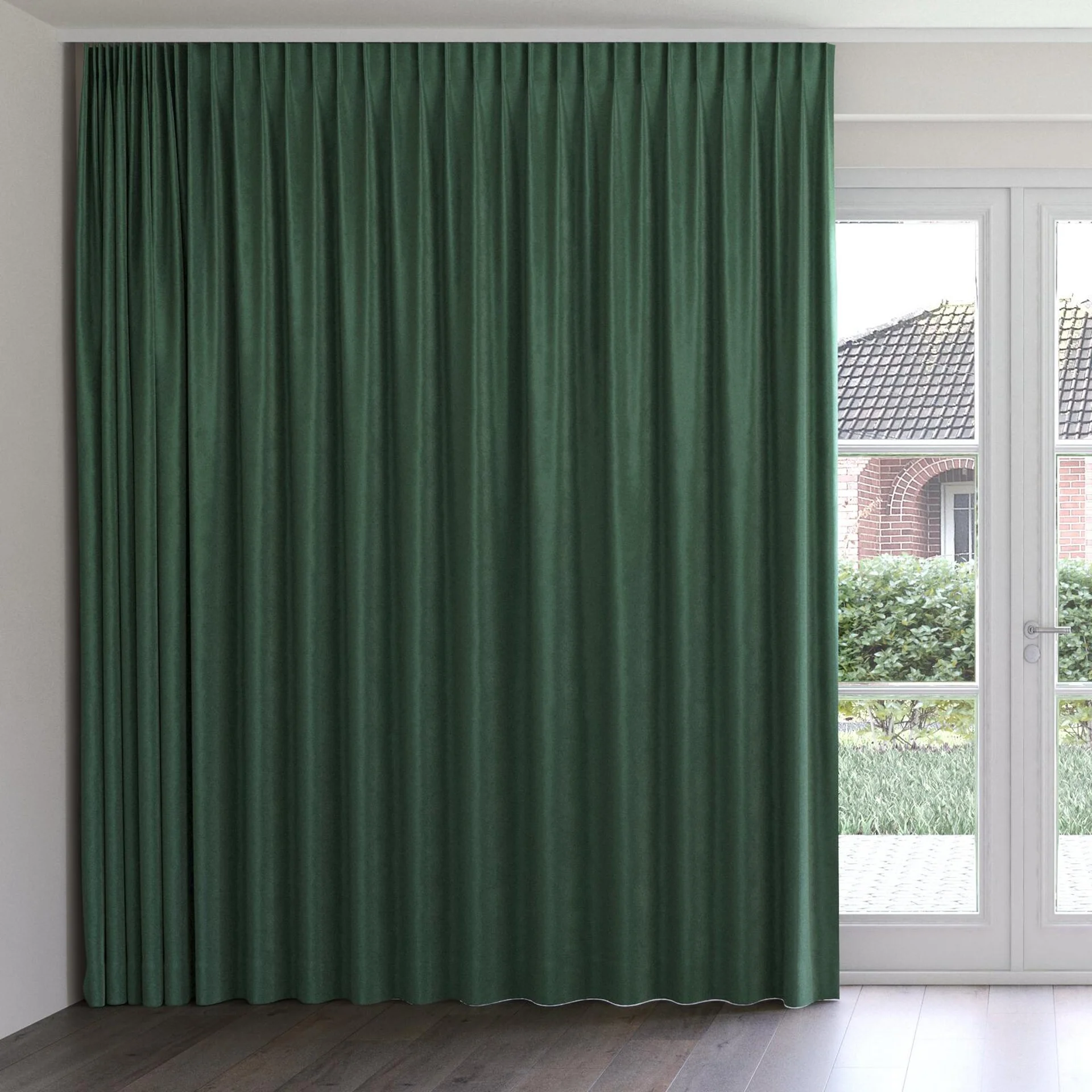 Front view of Velvelux Pesto, on curtain rail