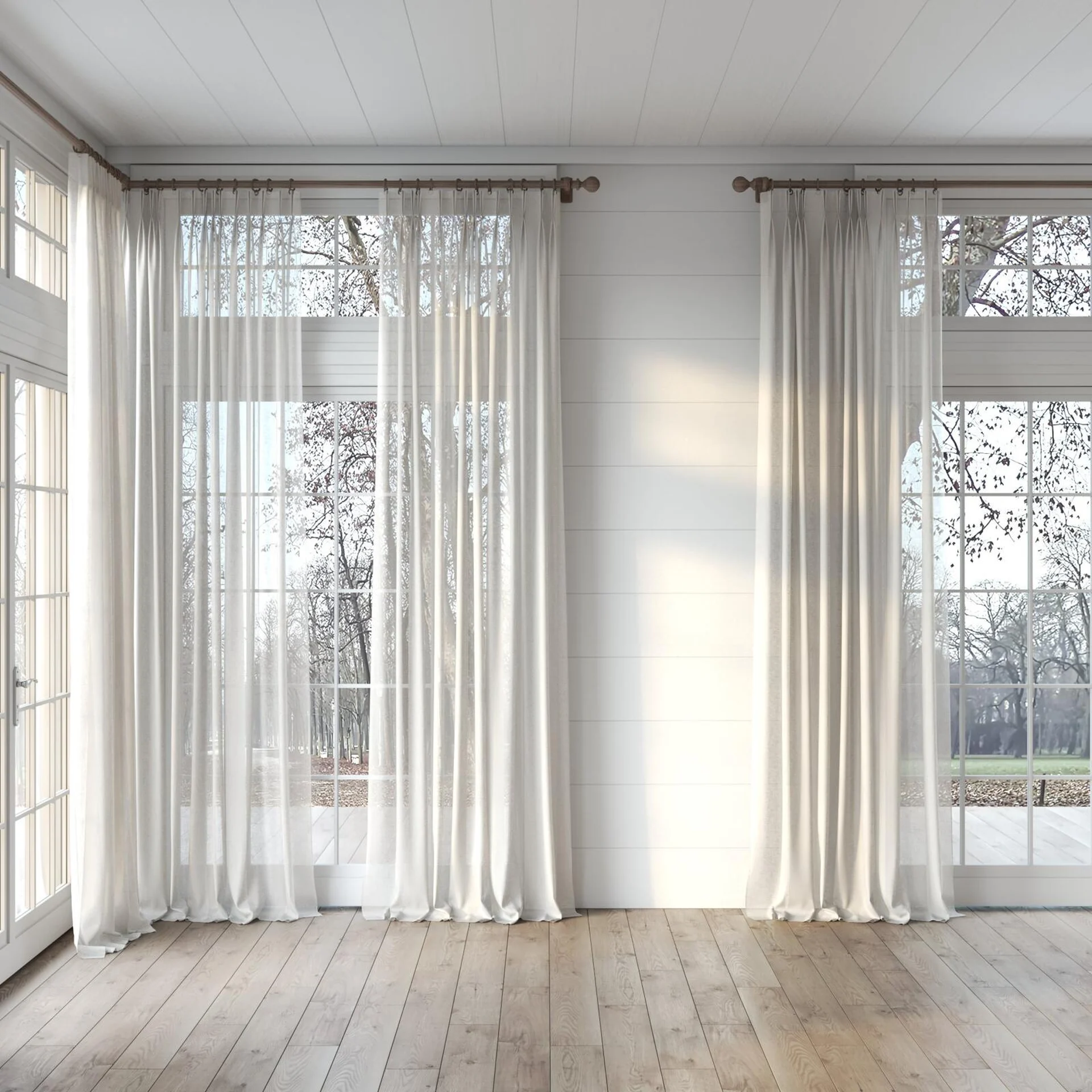 Full view of Cirrus Taupe, puddled, on curtain rod