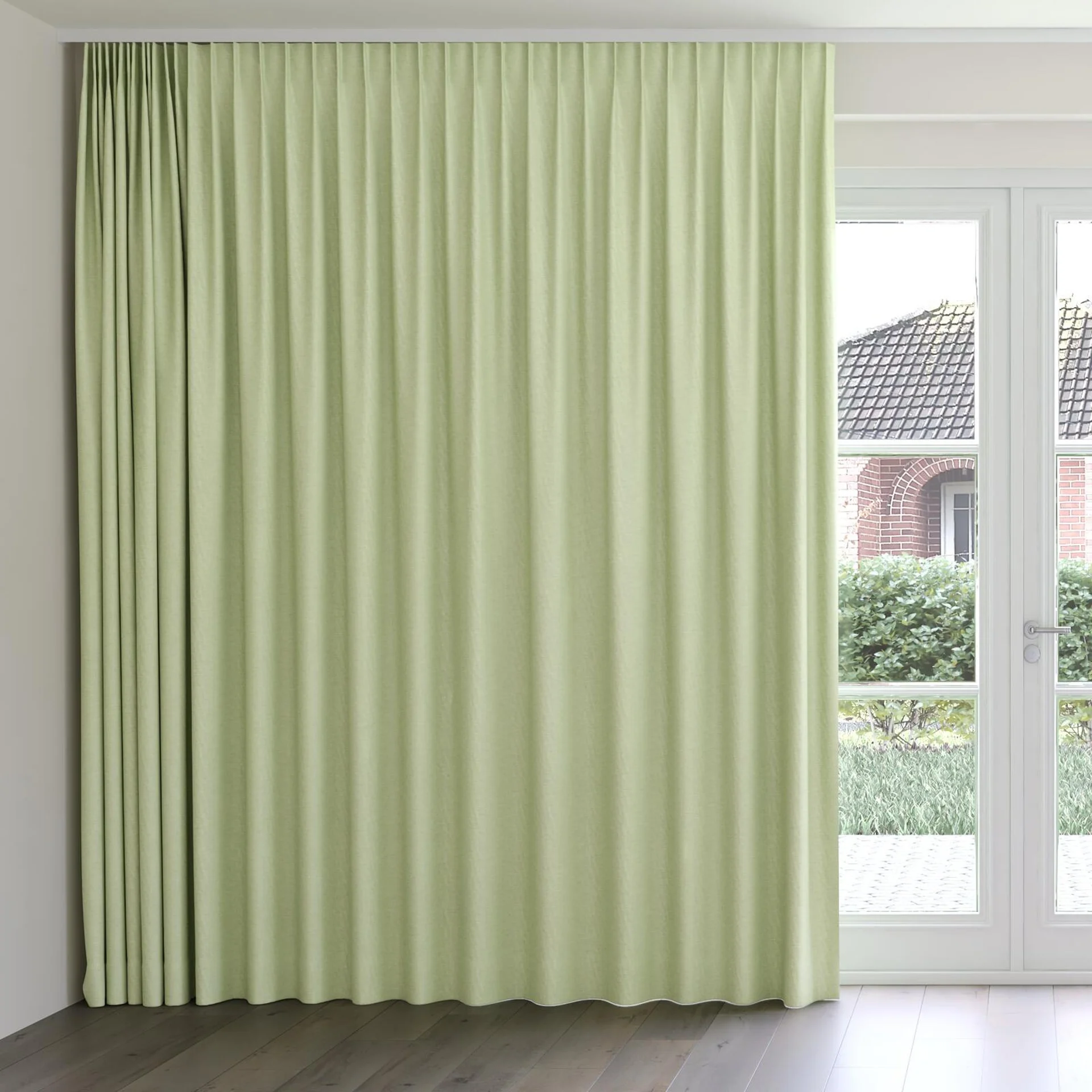 Front view of Casual Sage, on curtain rail