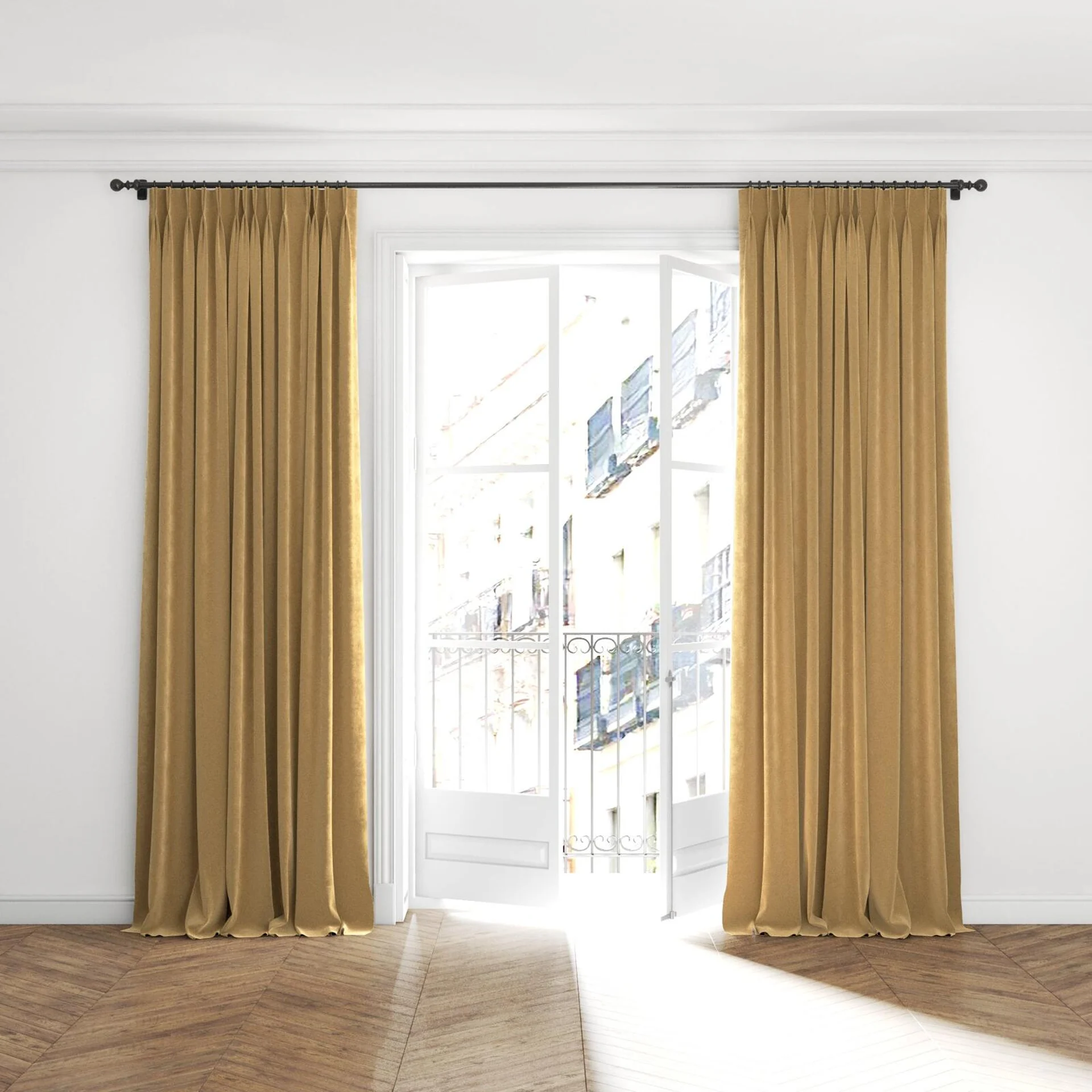 Full view of Lux Velvet Caramel 8309, puddled with pinch pleat, on curtain rod