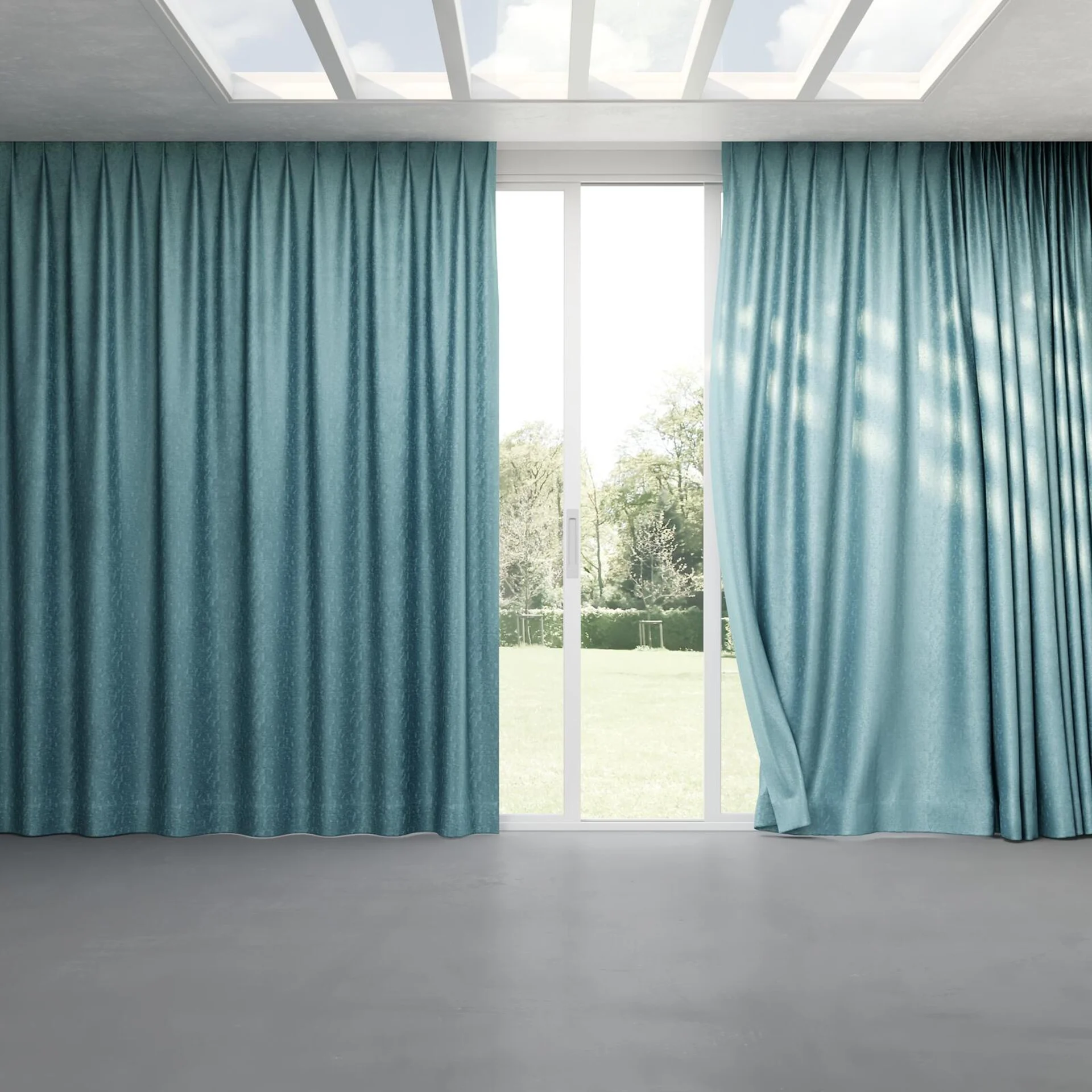 Full view of Hug Teal, pinch pleat