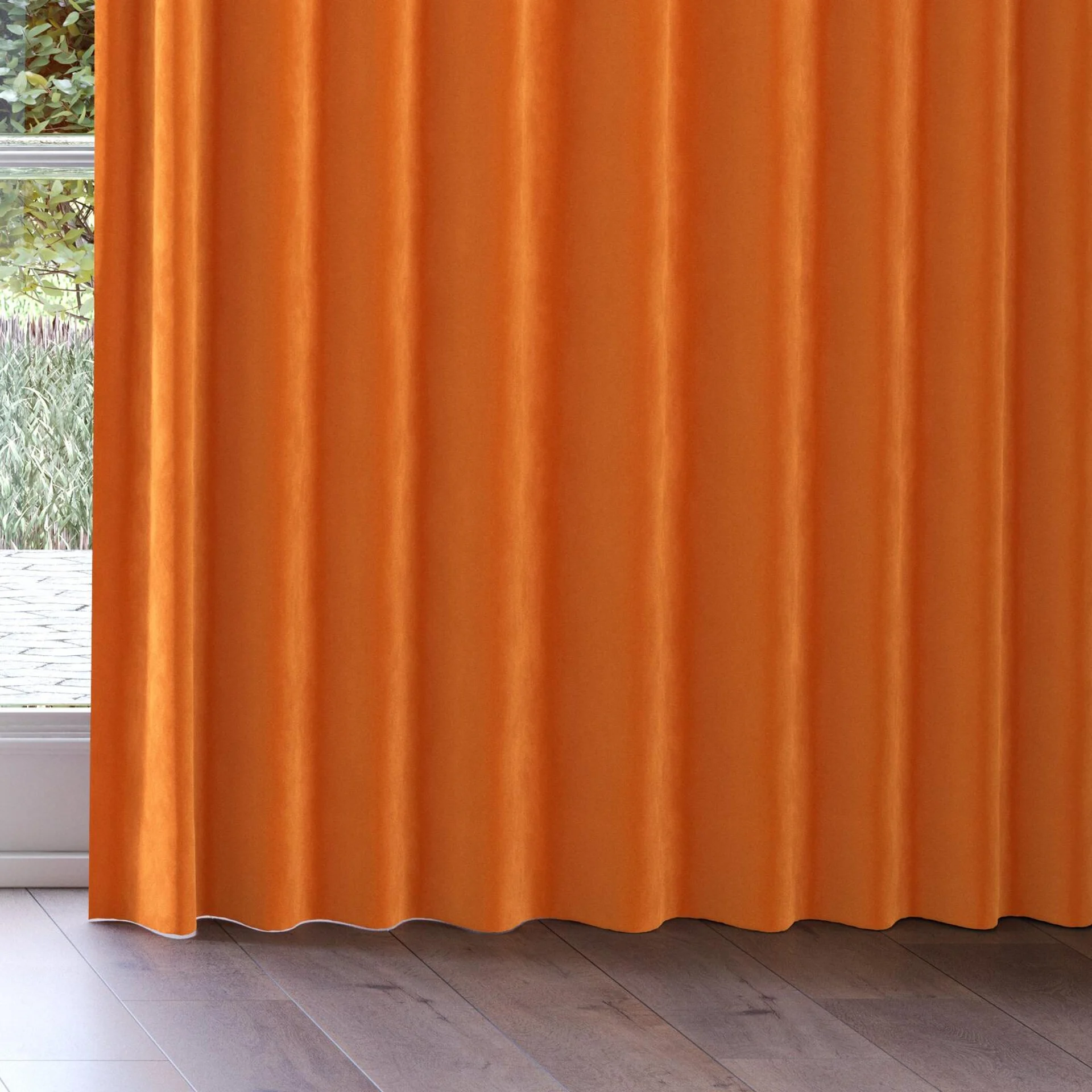 Bottom view of Lux Velvet Orange 8906, on curtain rail