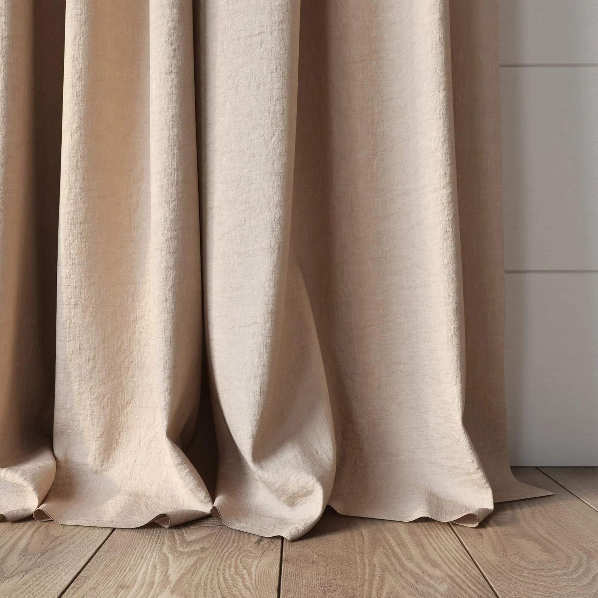Bottom view of Obi Stonewash Peach, puddled, on curtain rod