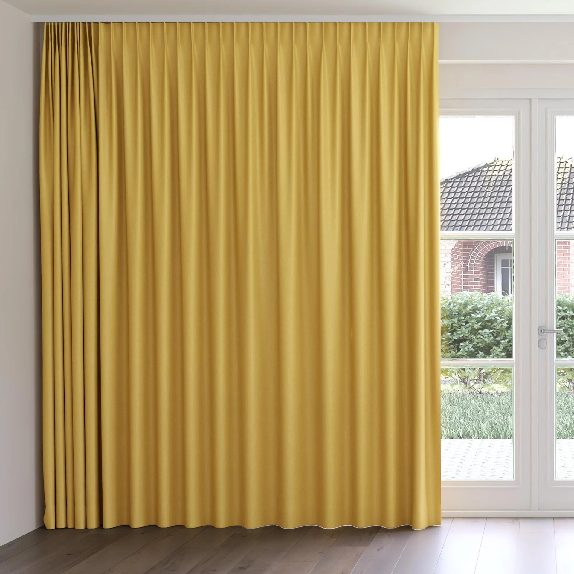 Front view of Woolly/Woolen Fusion, on curtain rail