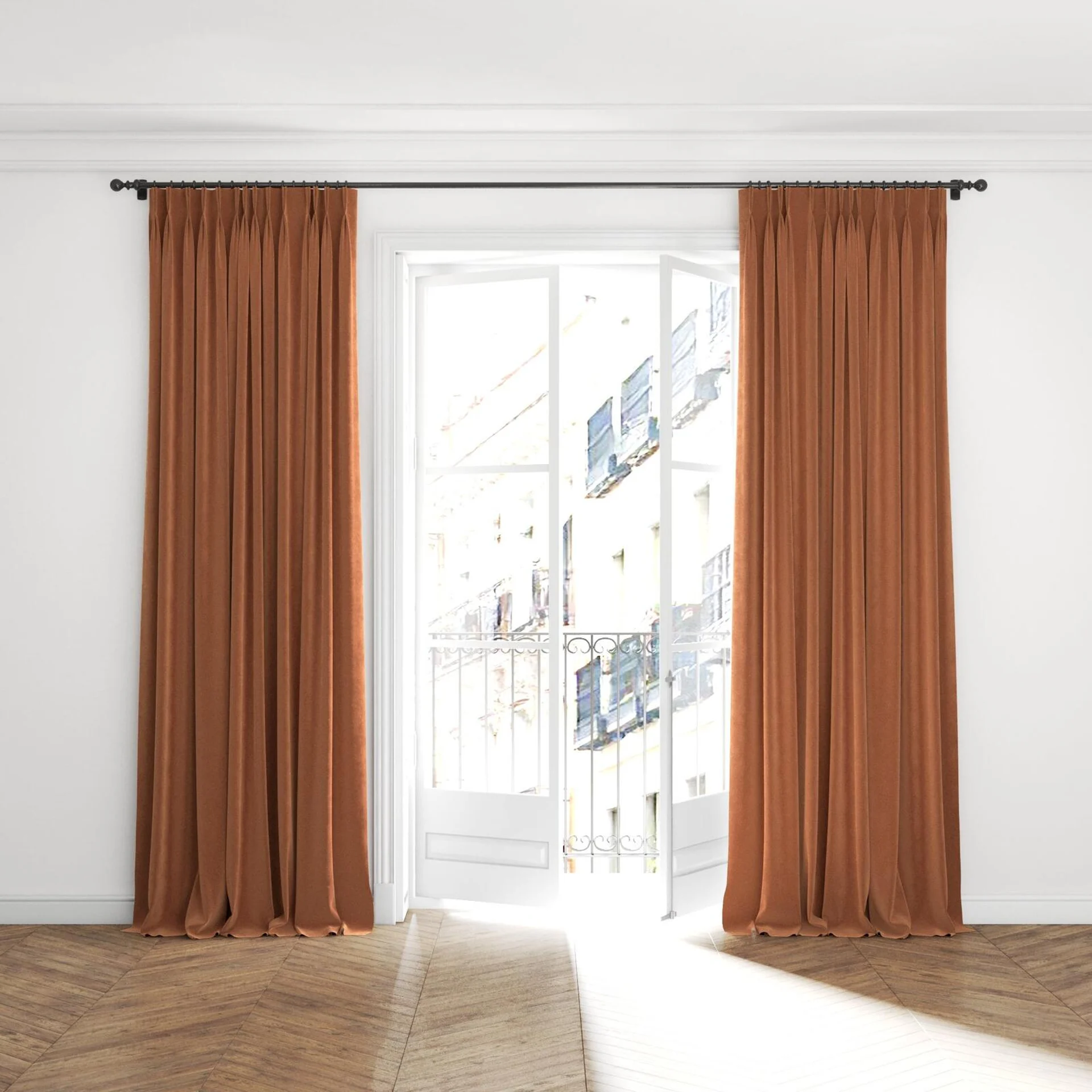 Full view of Vienna Rouge, puddled with pinch pleat, on curtain rod