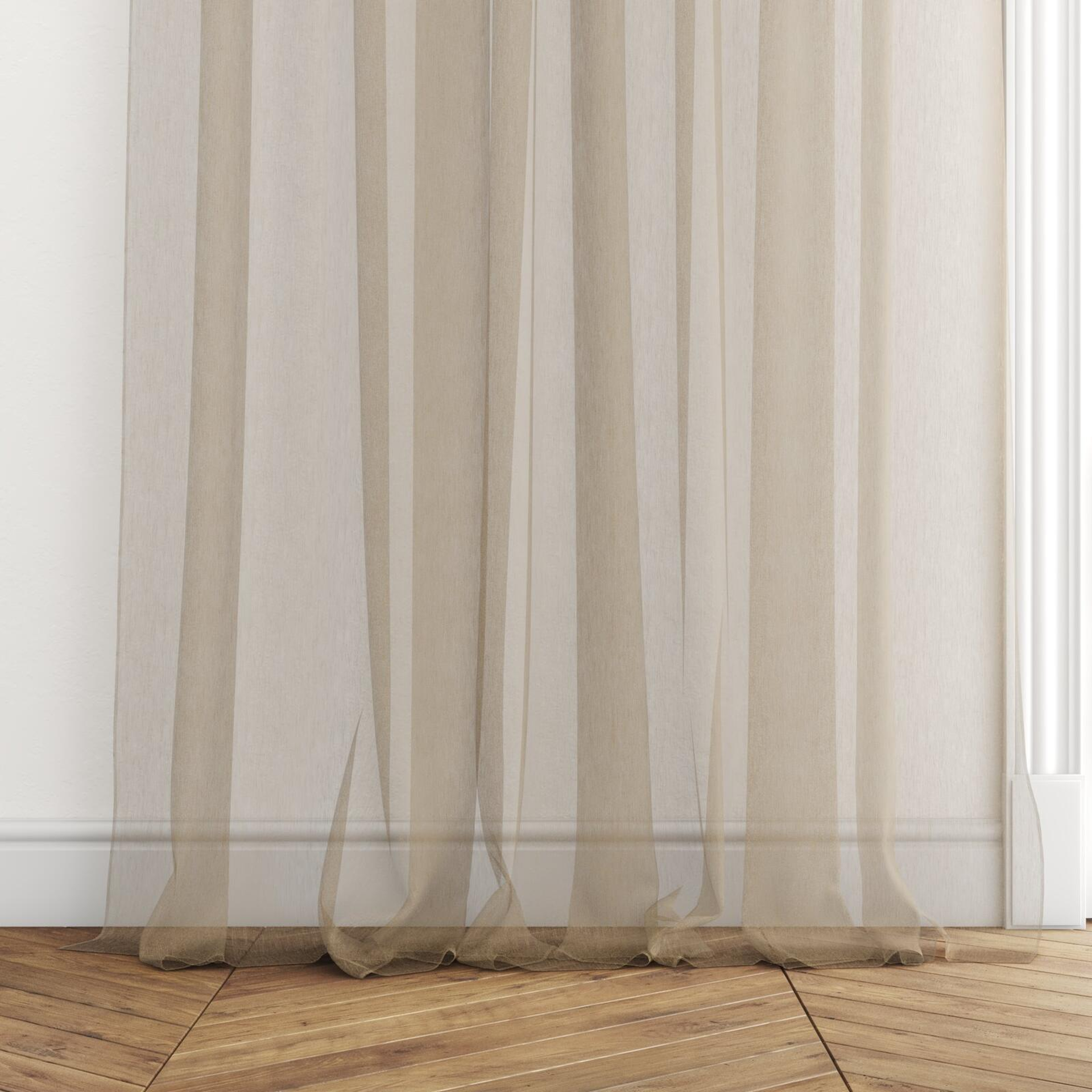 Bottom view of Makai (JDG) Burnished Gold, puddled with pinch pleat, on curtain rod