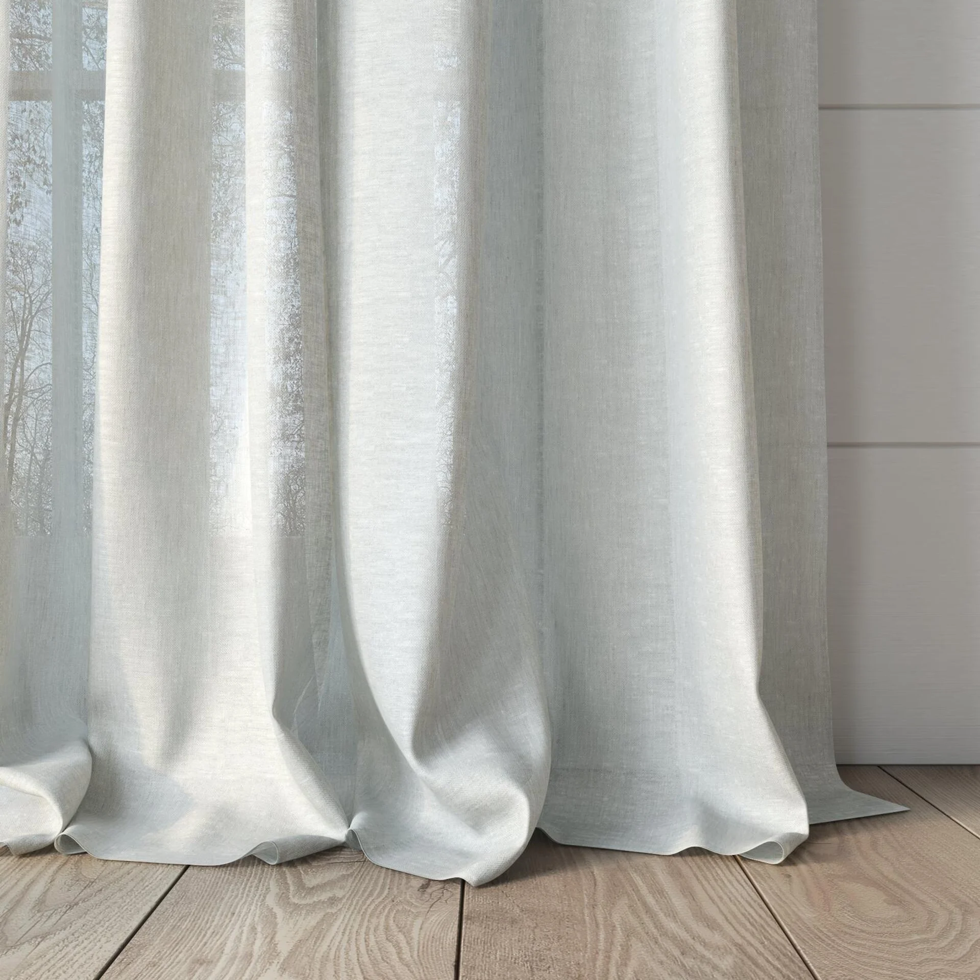 Bottom view of Elegance Fog, puddled, on curtain rod