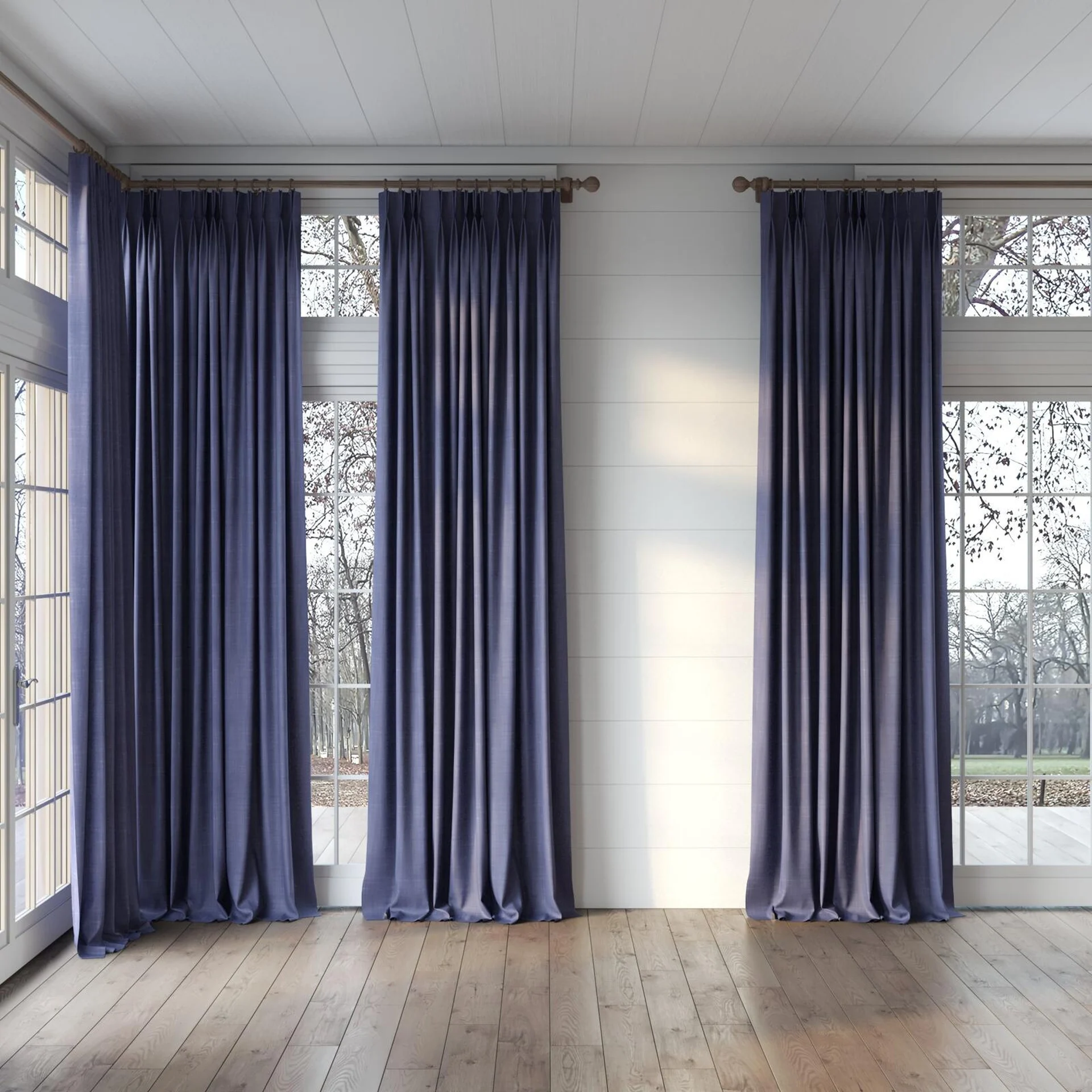 Full view of Loci Dim Out Denim, puddled, on curtain rod